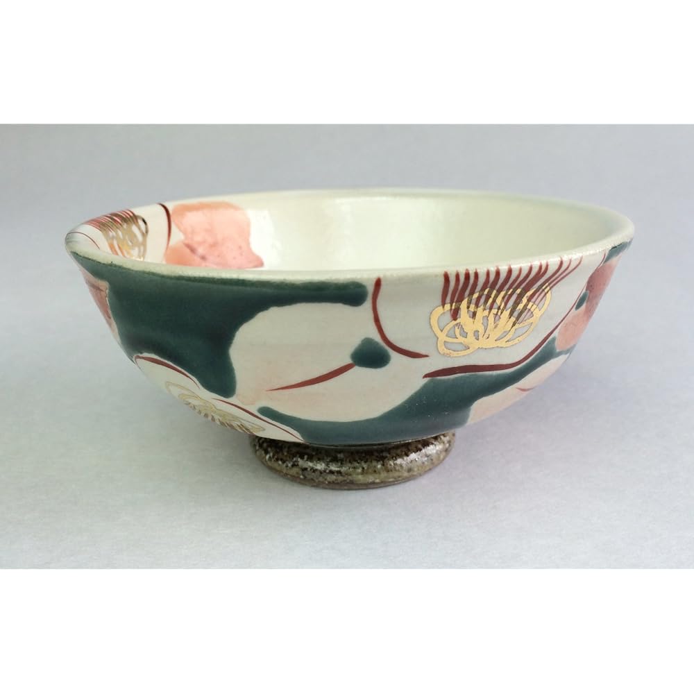 Kutani ware Kokuzo kiln pair rice bowl glaze & red camellia