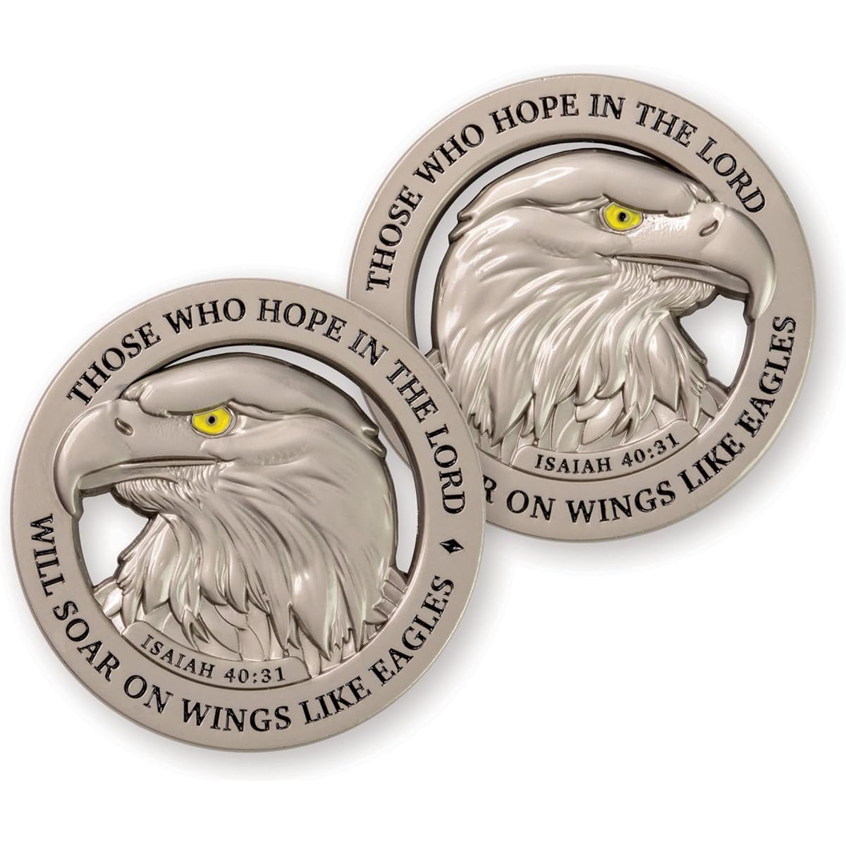 American Bald Eagle Challenge Coin Satin Silver Plated Christian Pocket Token for Eagle Scout Isaiah 40:31 Bible Study Supplies for Men Religious Concerns EDC Coin for Police Veterans