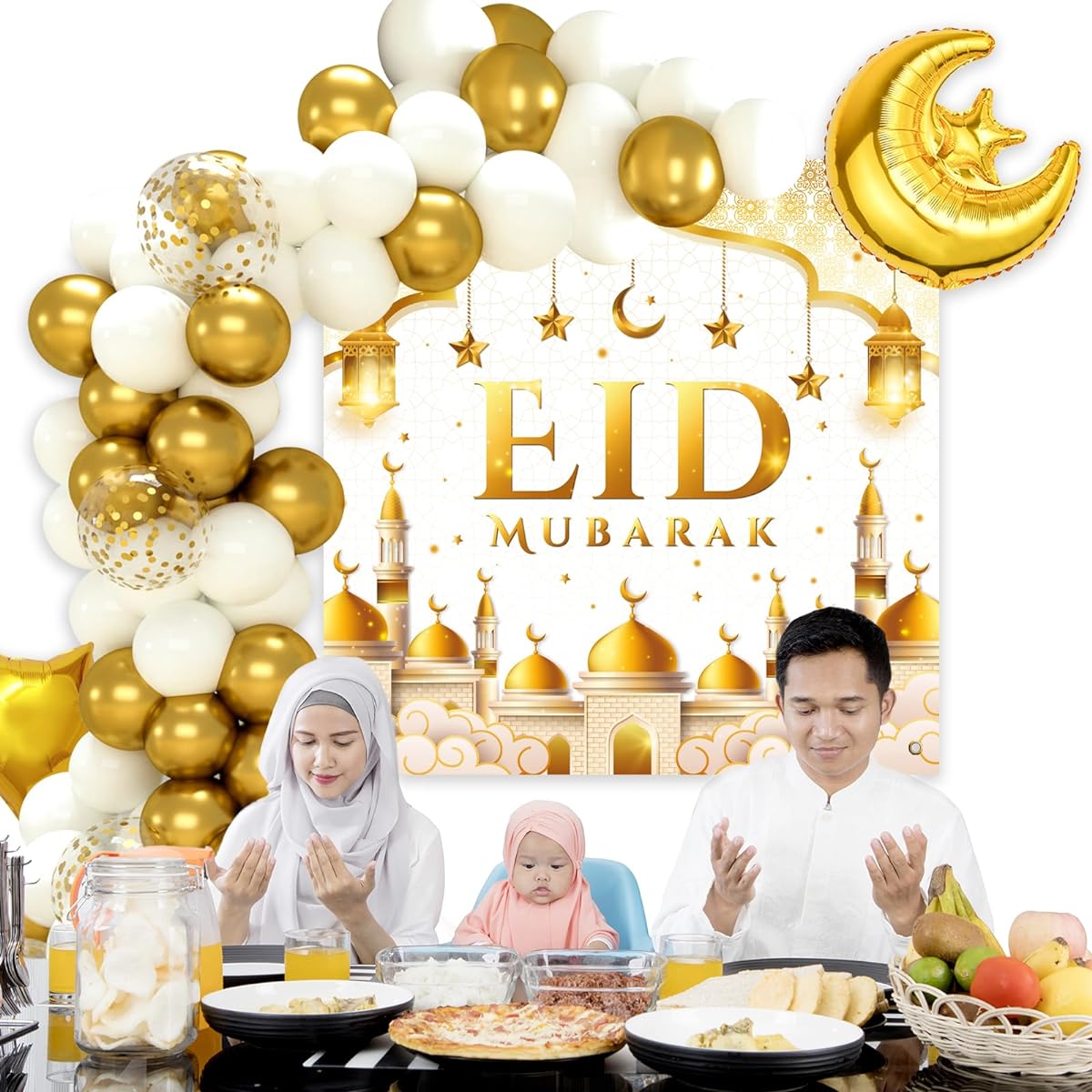 Eid Ramadan Decorations - 70 Pieces White Gold Ramadan Confetti Balloons with Mubarak Moon Stars Foil Balloons Eid Party Supplies Eid Decor Banners for Eid al-Fitr al-Adha Decorations