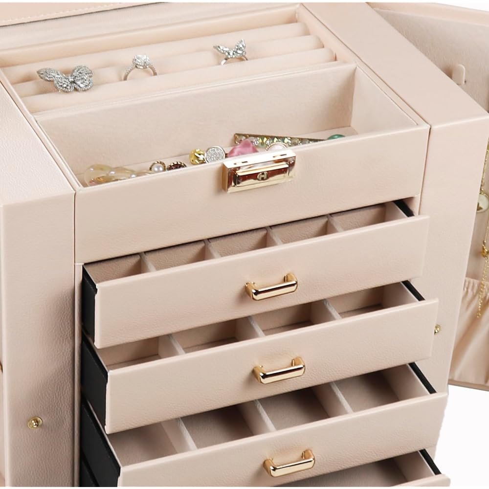 SANSREPONSE Jewelry Accessories Storage Box, Jewelry Box, Drawer, Large Capacity, 6 Tiers, Stainless Steel Tray Gift, Includes Mirror, Earrings, Necklace, Ring Holder, All 3 Colors (Light Pink)