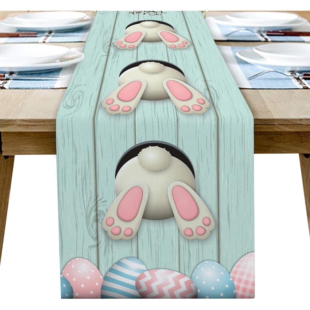 Easter Table Runner 36" Long - Easter Bunny Tail Easter Egg Decorative Cotton Linen Kitchen Dinner Table Runner Spring Easter Rabbit Burlap Farmhouse Table Runner for Gift/Dresser/Dining