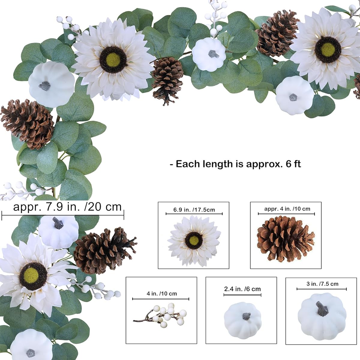 Winlyn White Pumpkin Garland, Artificial Eucalyptus Garland with White Pumpkins, Sunflowers, Pinecones, Berries, Fall Greenery Garland, 6ft Thanksgiving Wedding Arch Table Runner Mantel Farmhouse Decor