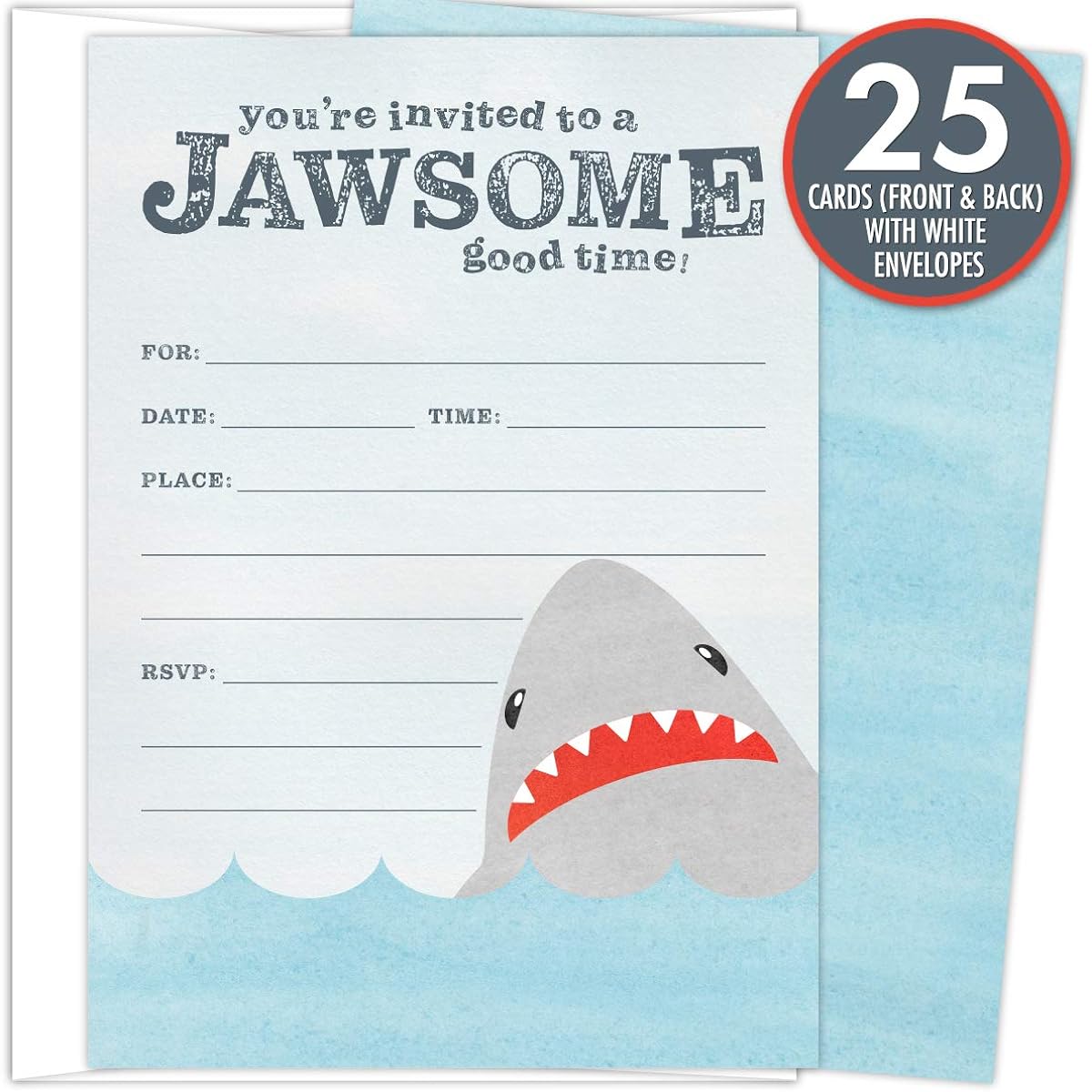 Koko Paper Co Shark Invitations Set of 25 Ceremony Cards and White Envelopes - Perfect for Birthdays, Graduations, Baby Showers, Any Occasion