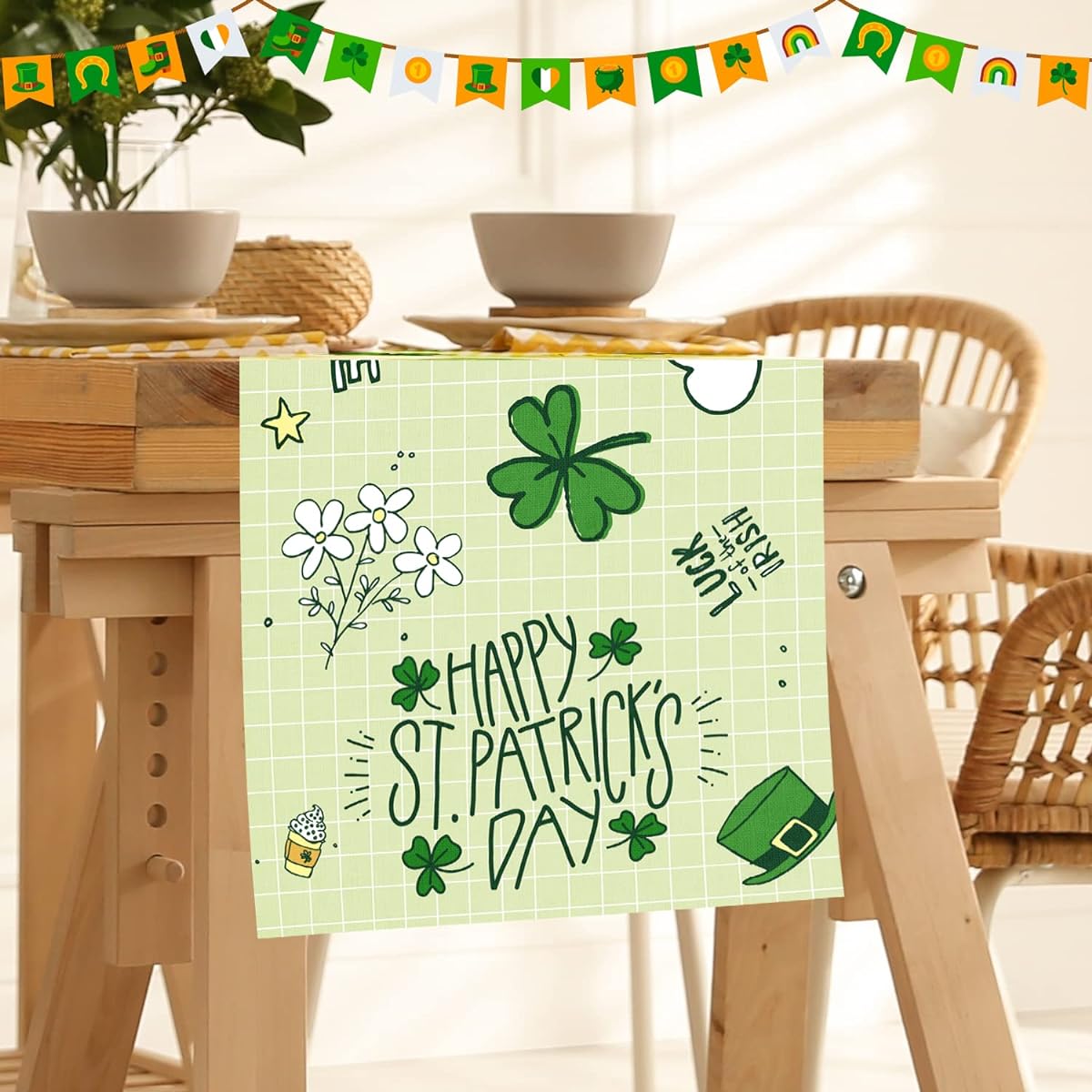 Opawel St. Patrick's Day Table Runner Lucky Shamrock Seasonal Spring Holiday Kitchen Dining Table Decor St. Patrick's Day Decorations Indoor Outdoor Home Party Decor