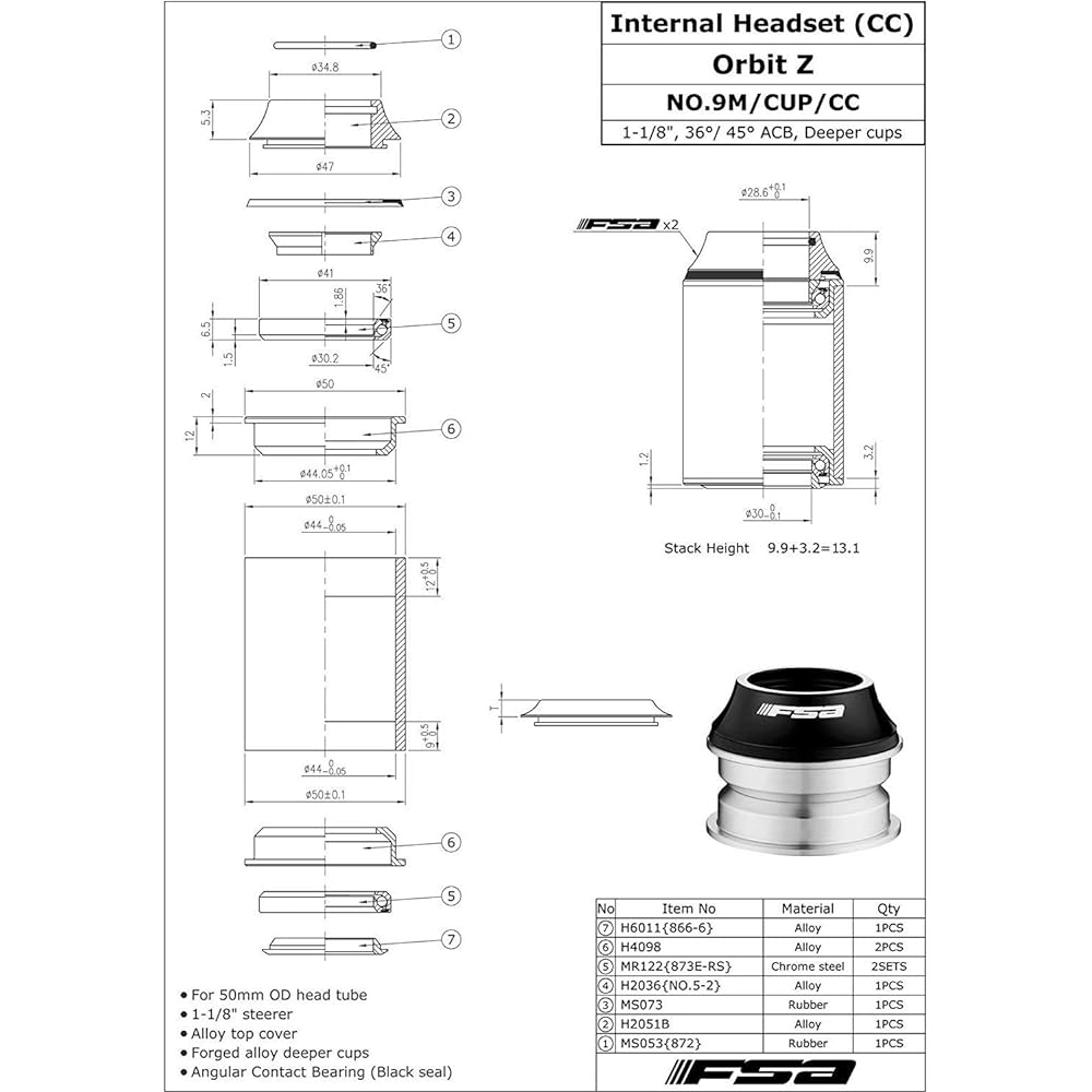 FSA Orbit Z 1-1/8Inches 44mm Threadless 1-1/8Inches Headset with Top Cap, NO.9M/CUP/CC, XTE1528