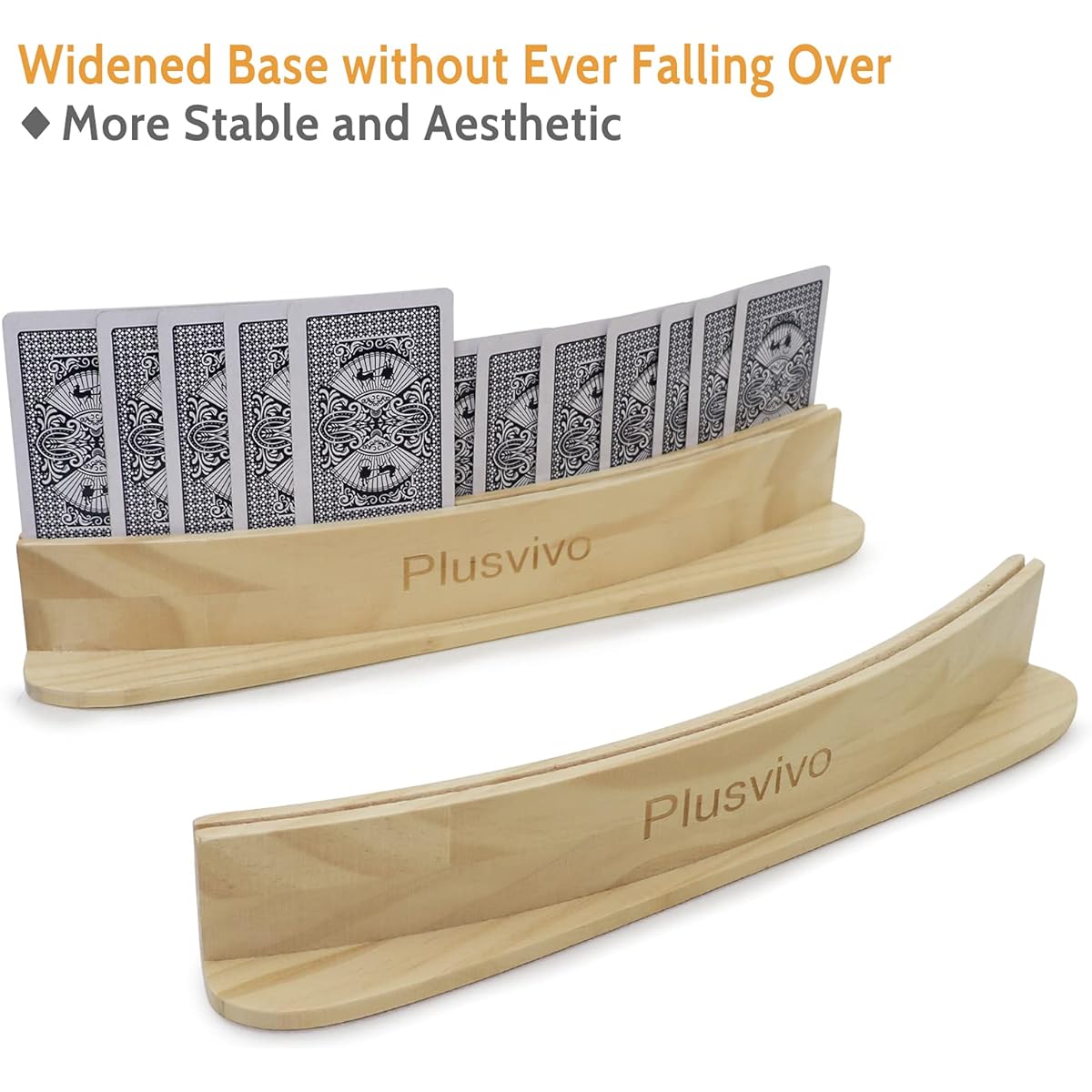 plusvivo Curved Playing Card Holder Set of 4 for Seniors/Adults - Sturdy Wooden Card Holders for Playing Cards 13 x 1.9 x 2.4 Inches for Bridge Canasta Strategy Foot & Hand