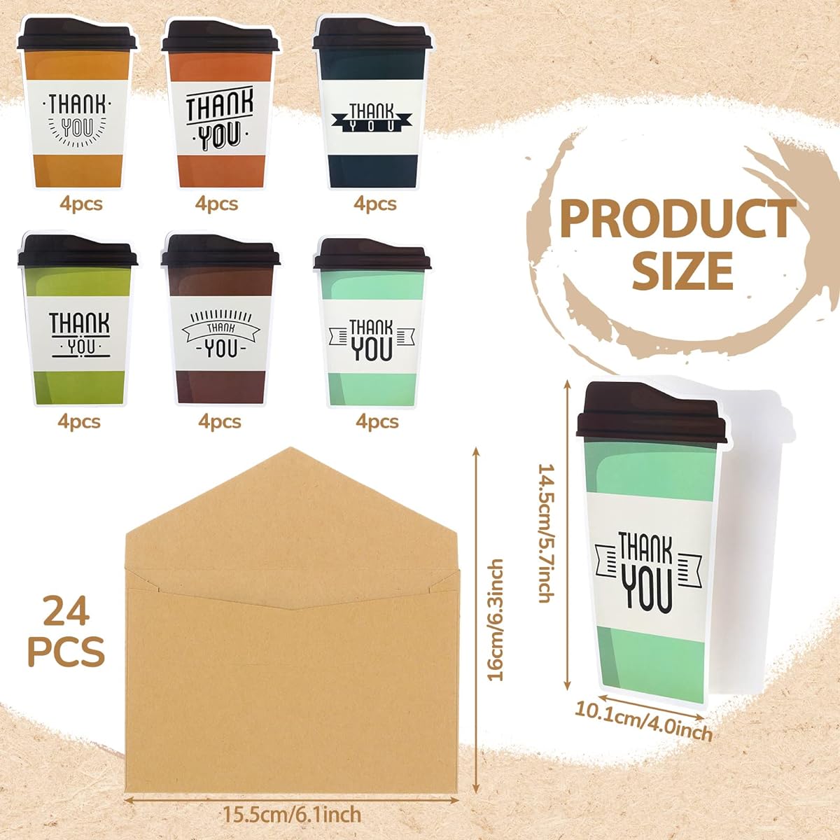 24 Pack Thank You Cards, Coffee Cup Thank You Notes with Envelopes, Coffee Greeting Cards, Funny Blank Thank You Cards for Small Business, Appreciation Cards, Party Favors, Office Supplies