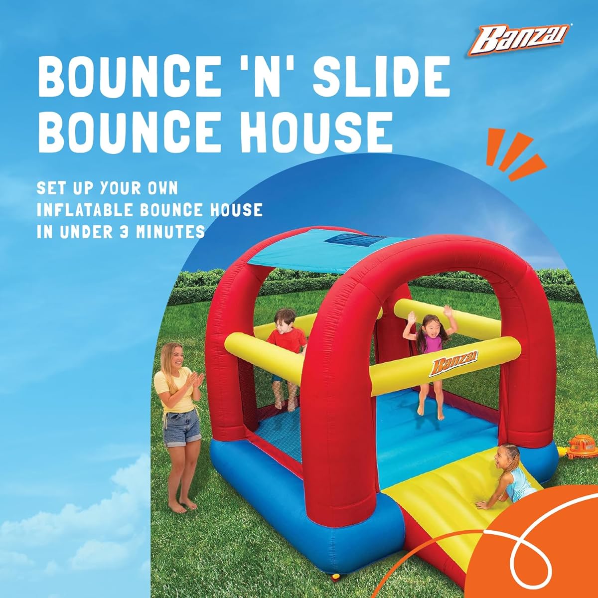 Banzai Cool Canopy Bouncer Outdoor Backyard Inflatable Kids Bounce House with Slide/Shade Canopy/Blower Motor/Ground Stakes/Storage Bag