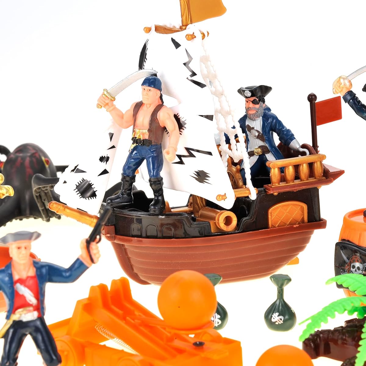 PowerTRC Pirate Action Figures Pirate Sea Monster Boat Treasure Chest Cannon Figures Playset for Kids