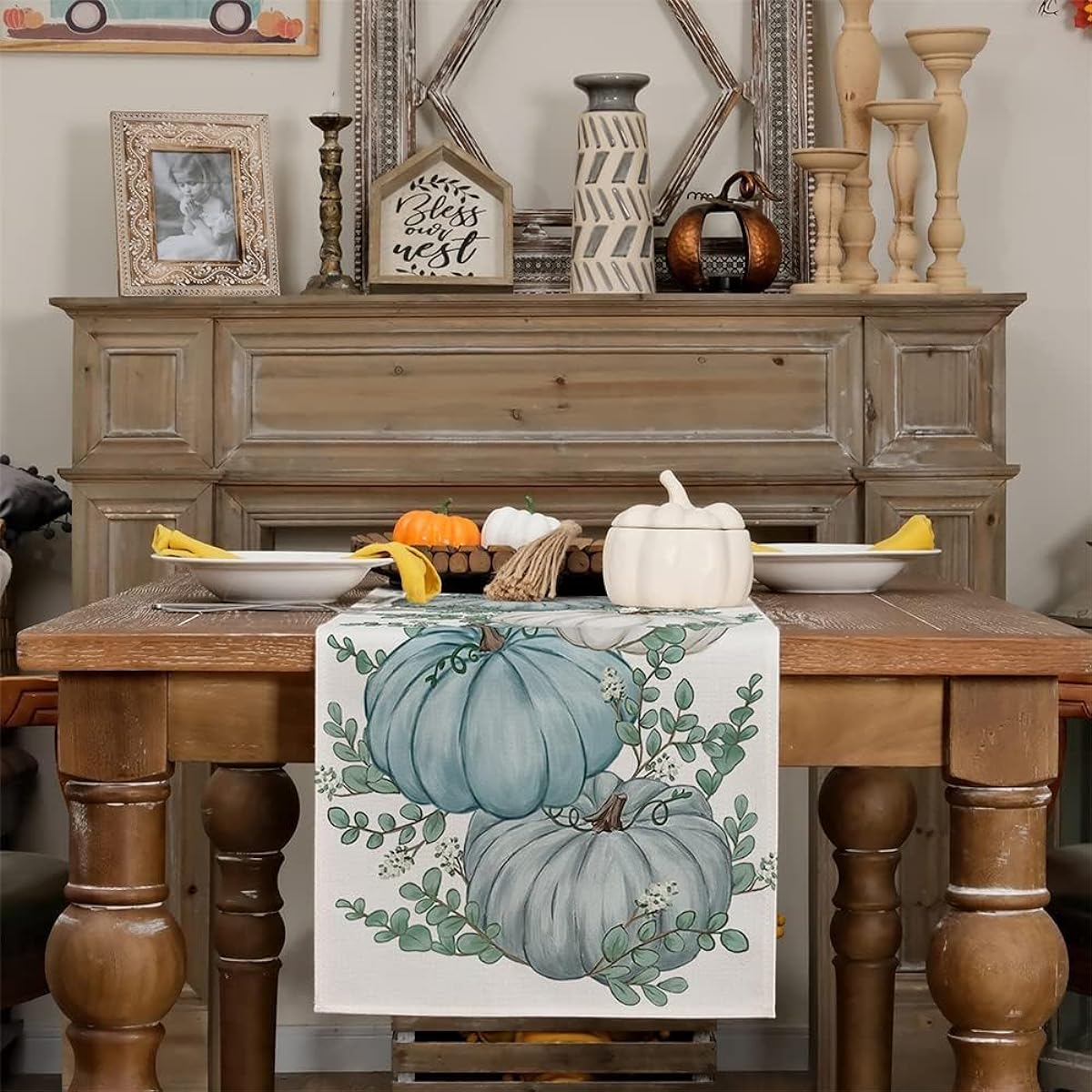 GEEORY Fall Table Runner 13x120 Inch Pumpkin Leaves Floral Farmhouse Table Decorations for Kitchen Dining Indoor Outdoor Dinner Party (Blue Pumpkin) GT110-120