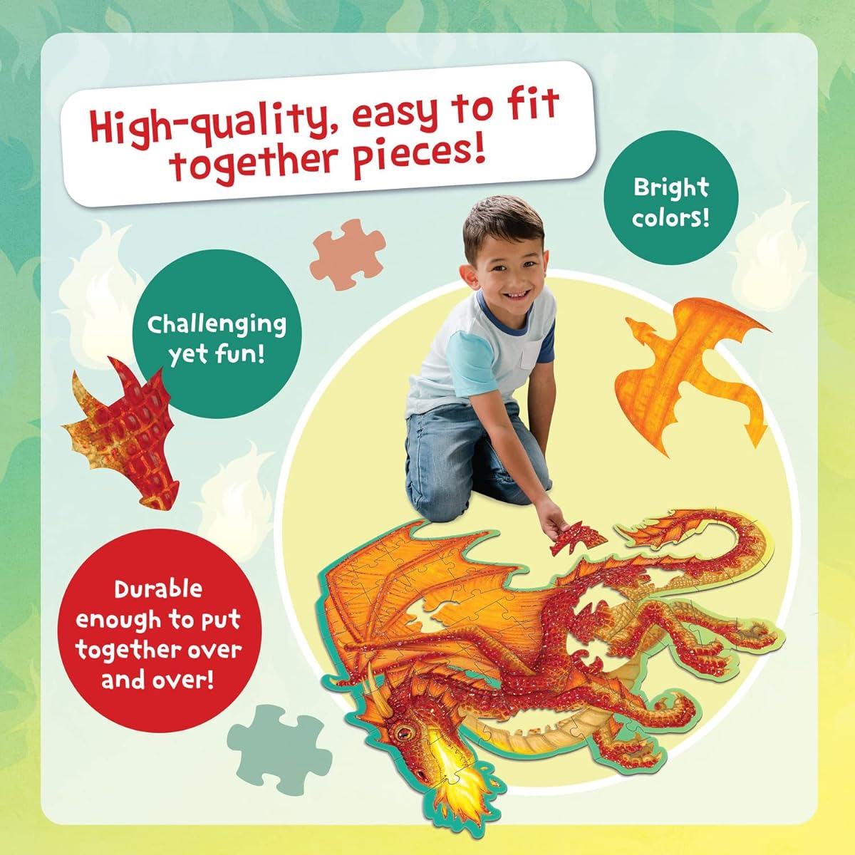 Peaceable Kingdom Dragon Puzzle - Floor Puzzle for Kids Ages 5+ - Durable 55 Pieces & Carrying Case Included with Corded Handle