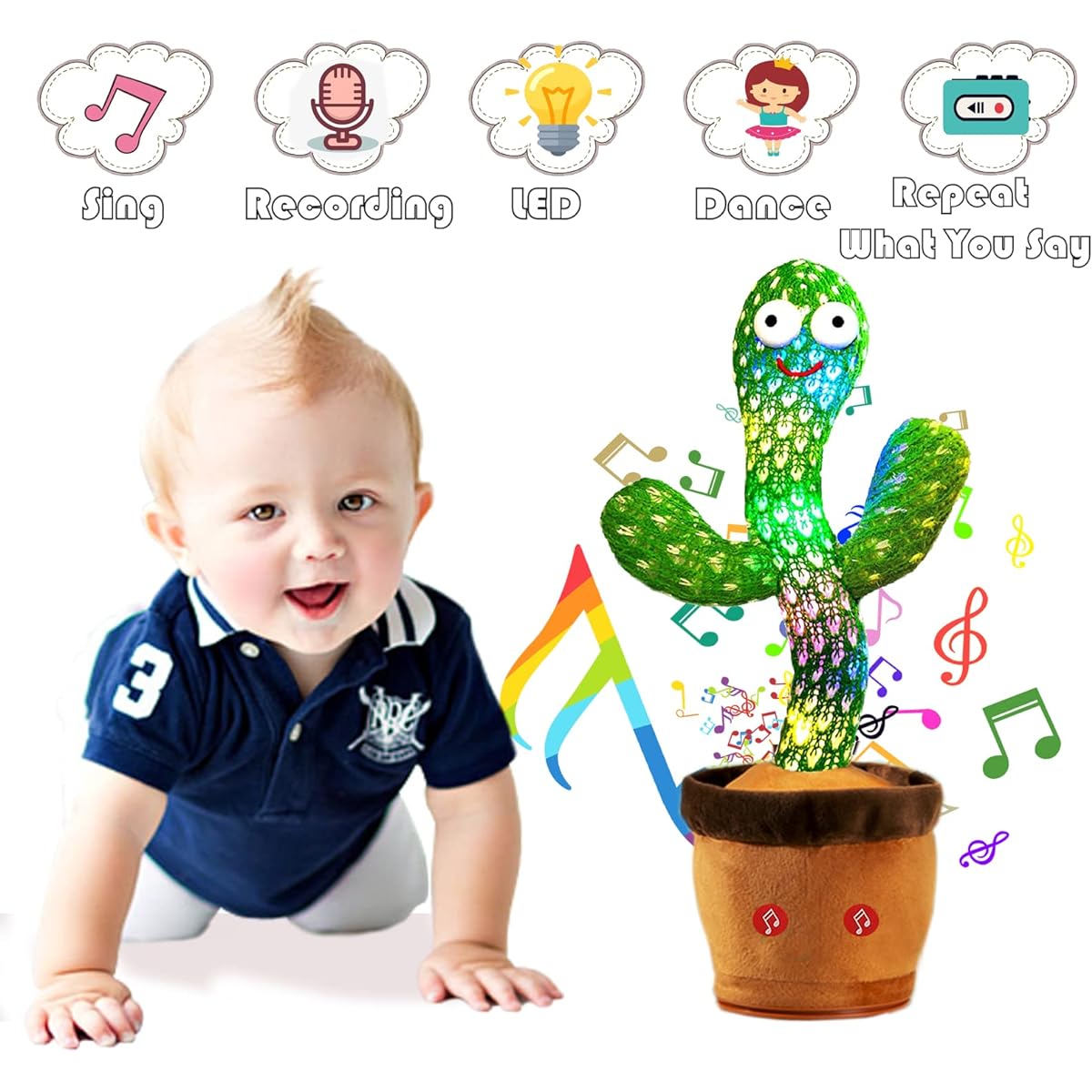 Howpeaks Dancing Cactus, Singing Cactus Repeat Electronic Plush Toy with Lights Talking Cactus Toy & 15 Seconds Voice Recorder Toy Gift for Boys and Girls