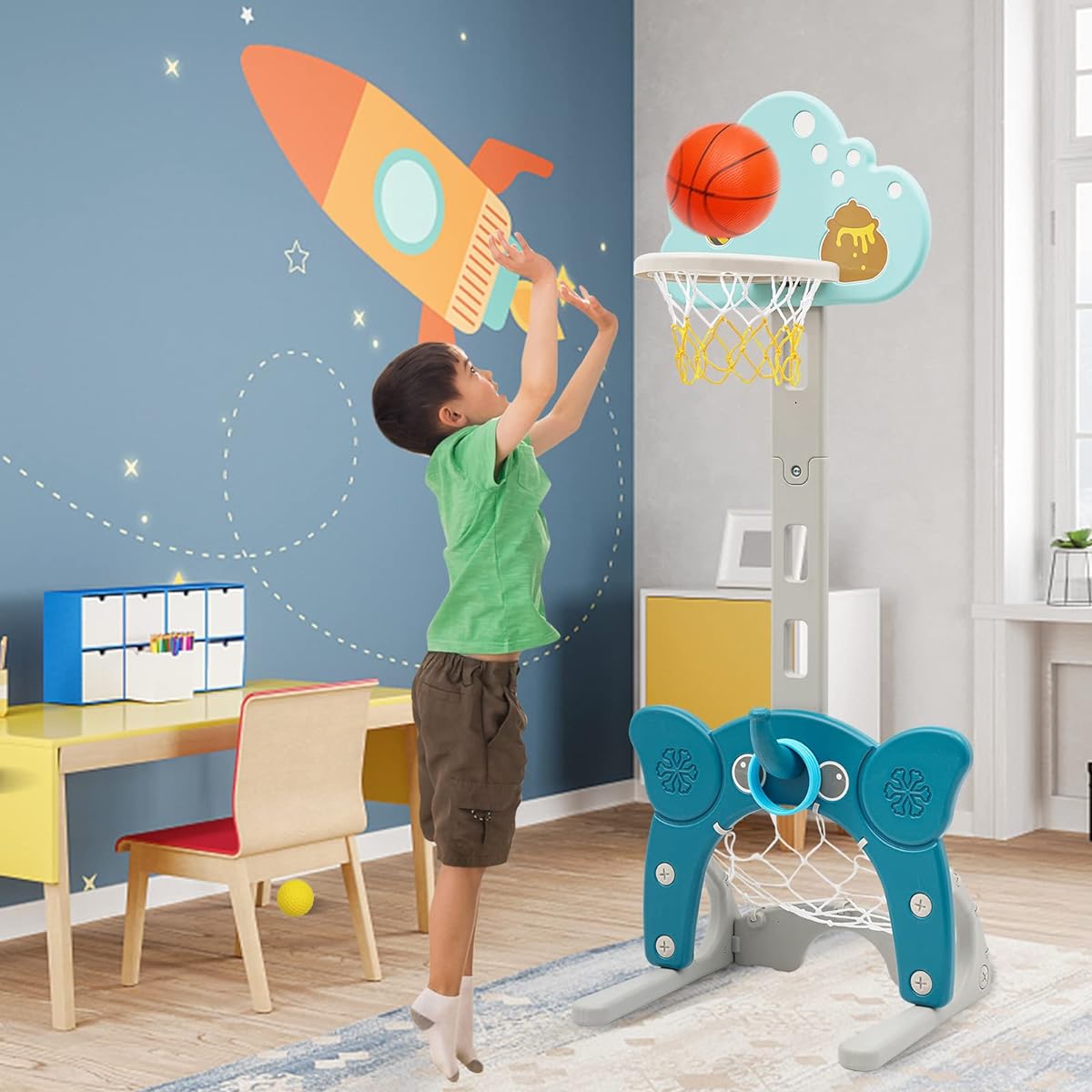 4-in-1 Toddler Basketball Hoop, Height Adjustable Kids Basketball Hoop with Soccer Goal Rings, Toss Golf Playset, Basketball Hoop for Kids Indoor Outdoor Sports
