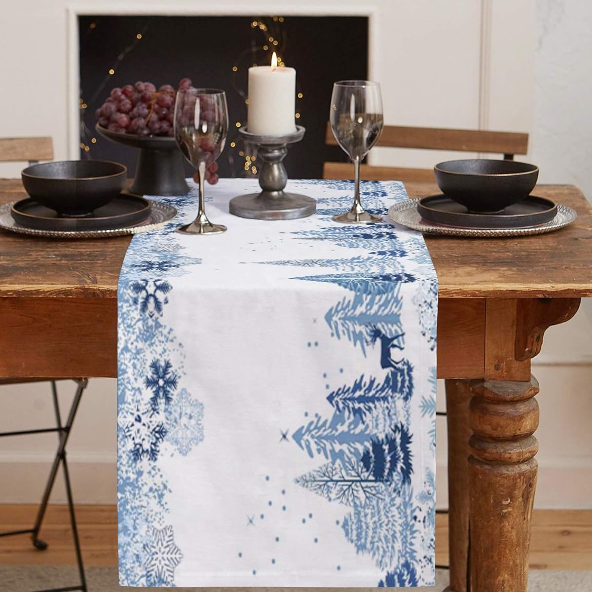 EZON-CH Durable Cotton Linen Table Runner Blue Winter Theme Christmas Tree/Snow Home Table Runner Decorative Easy Care 14x72 Inch