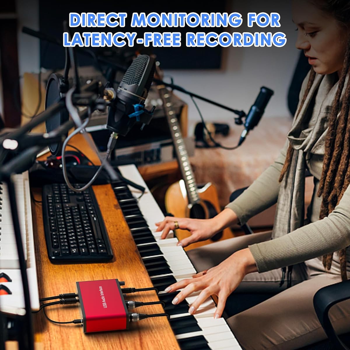 Dacimora 2i2 USB Audio Interface 48V Phantom Power 24bit/192kHz Plug and Play Recording Podcasting Streaming Recording Songwriting Streaming XLR Audio Interface Wine Red