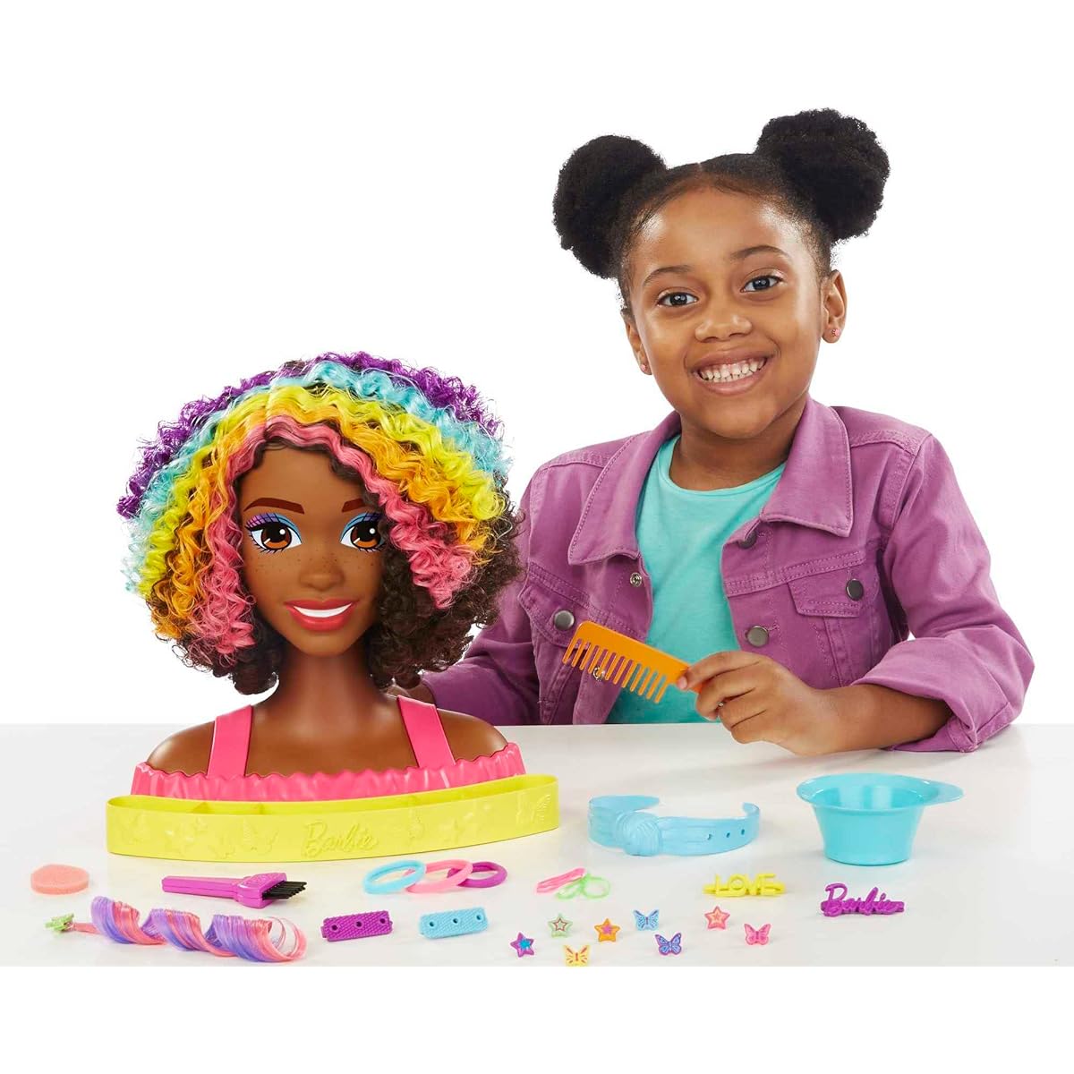 Barbie Doll Deluxe Styling Head with Color Reveal Accessories and Curly Brown Neon Rainbow Hair, Doll Head for Hair Styling, HMD79