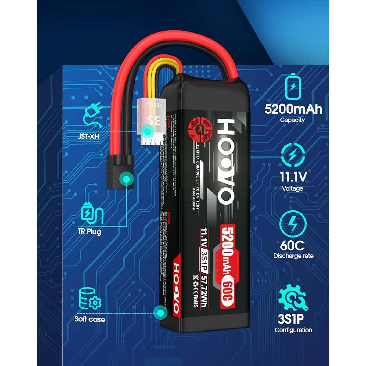 HOOVO 3S Lipo Battery 11.1V 5200mAh 60C TR Plug Soft Case RC Battery for RC Car RC Truck Airplane Helicopter Boat Racing RC Hobby