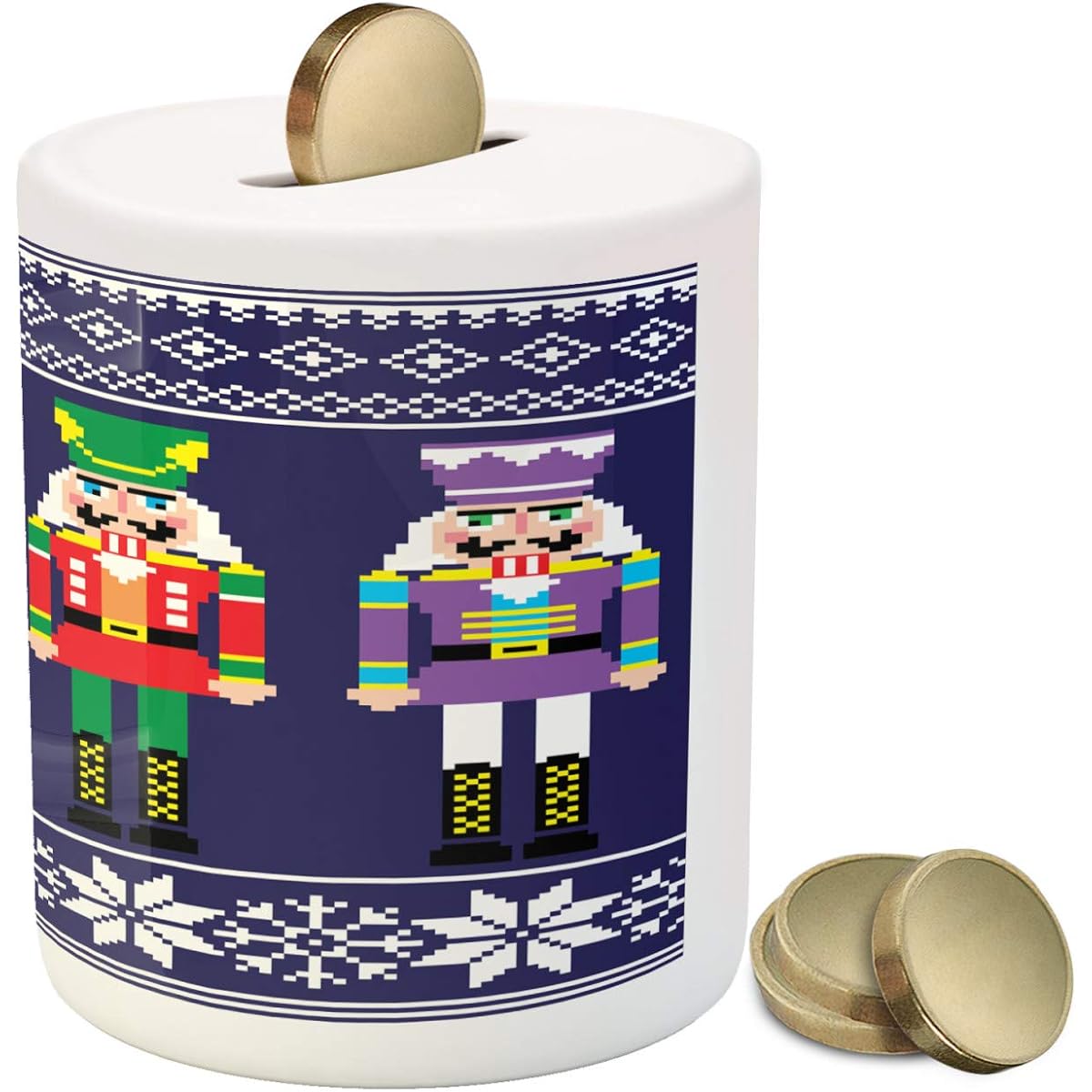 Lunarable Nutcracker Money Box - Colorful Retro Style Pattern with Christmas and Nordic Motifs, Ceramic Piggy Bank for Cash Savings, 3.6" x 3.2", Indigo White