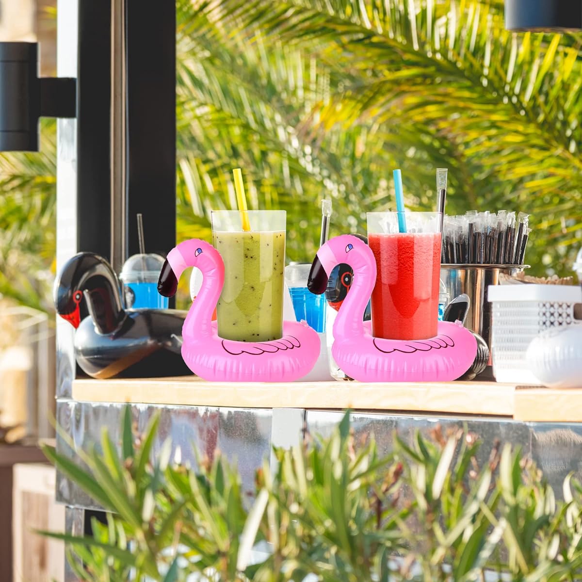 100pcs Inflatable Drink Holders Flamingo Drink Floats Mini Drink Floats Floating Drink Holders Flamingo Inflatable Coasters with Pump Cylinder for Kids Adults Bath Pool Party