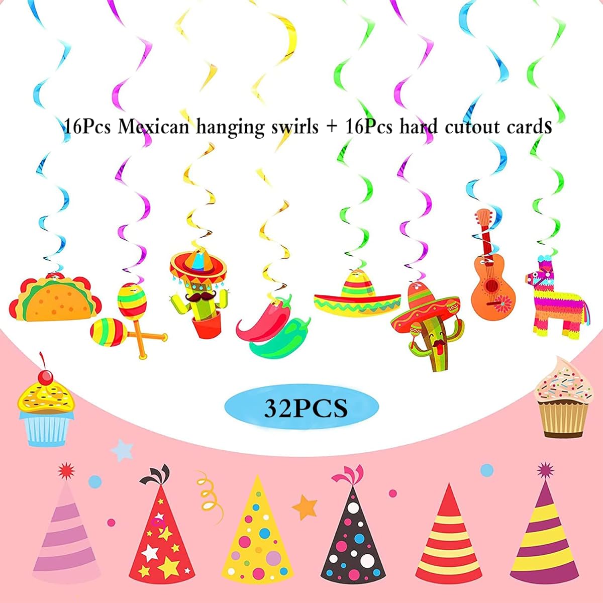 32pcs Mexican Fiesta Hanging Swirl Decorations, Taco Two Day Birthday, Mexican Fiesta Cinco de Mayo Party Supplies, Taco Party Mexican Fiesta Ceiling Hanging Swirl Decorations for Boys Girls Shower