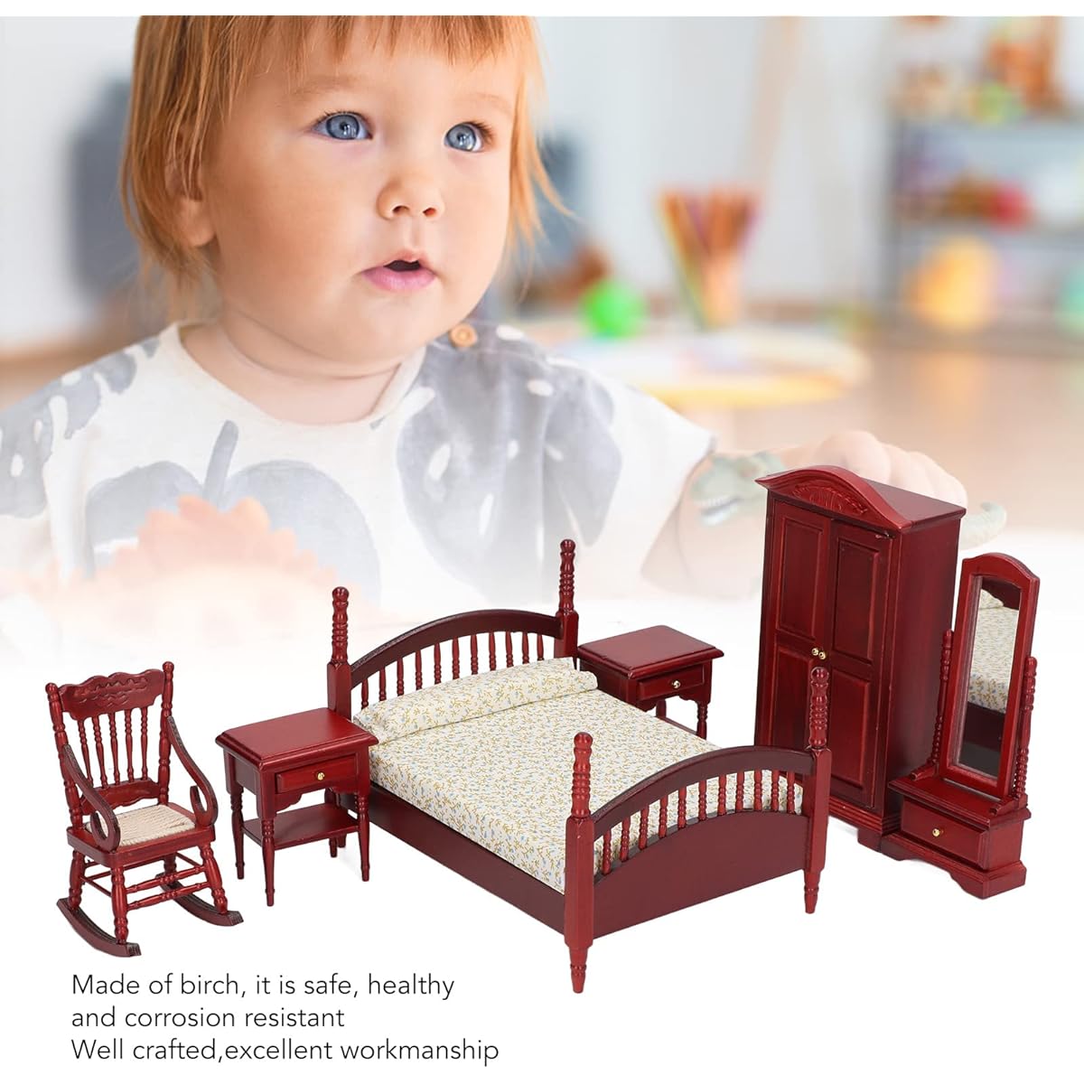 RiToEasysports Dollhouse Bedroom Furniture 1/12 Scale Birch Wood High Simulation Dollhouse Furniture Toys for 1/12 Dollhouse 6pcs