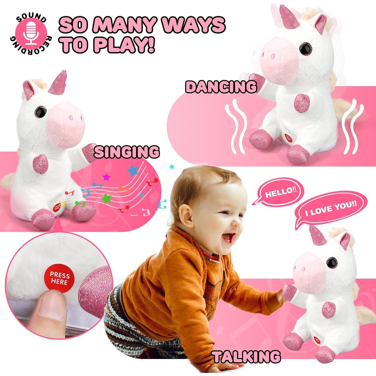 TOY Life Stuffed Animal Unicorn Toy Baby Musical Talking Toy for Babies 0-36 Months Newborn Plush Toy Dancing Singing Toy Baby Boy Girl Toddler Baby Toy 0 3 6 9 12 Months