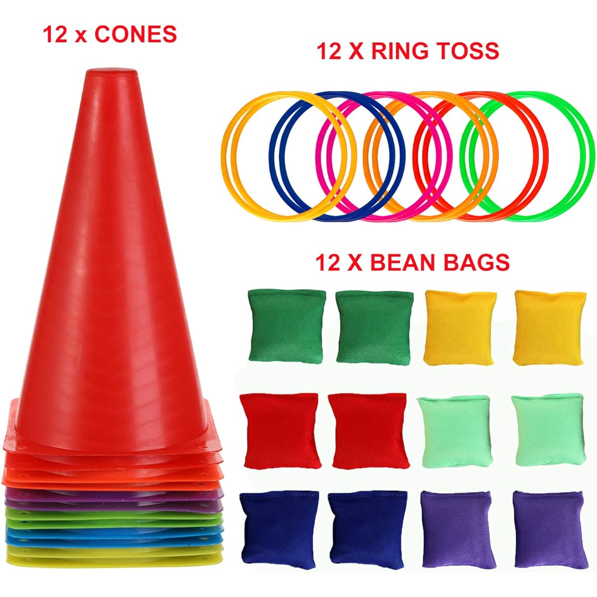 Faswin 37 Pieces 3-in-1 Carnival Outdoor Game Combo Set Plastic Corn Cornhole Bean Bag Ring Toss Game Kids Birthday Party Outdoor Game Supplies Kids Obstacle Course Set