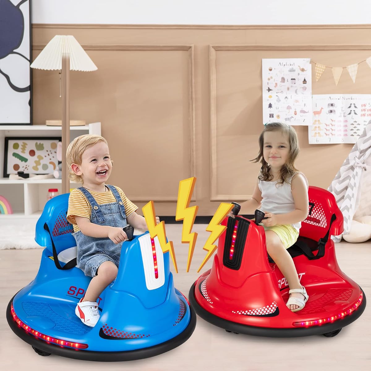HONEY JOY Bumper Cars for Kids, Battery Powered Bumper Cars with Dual Joysticks, Flashing LED Lights & 360 Degree Rotation, 6V Electric Car Ride-On Toy with Remote Control, Great Gift for Boys and Girls (Red)
