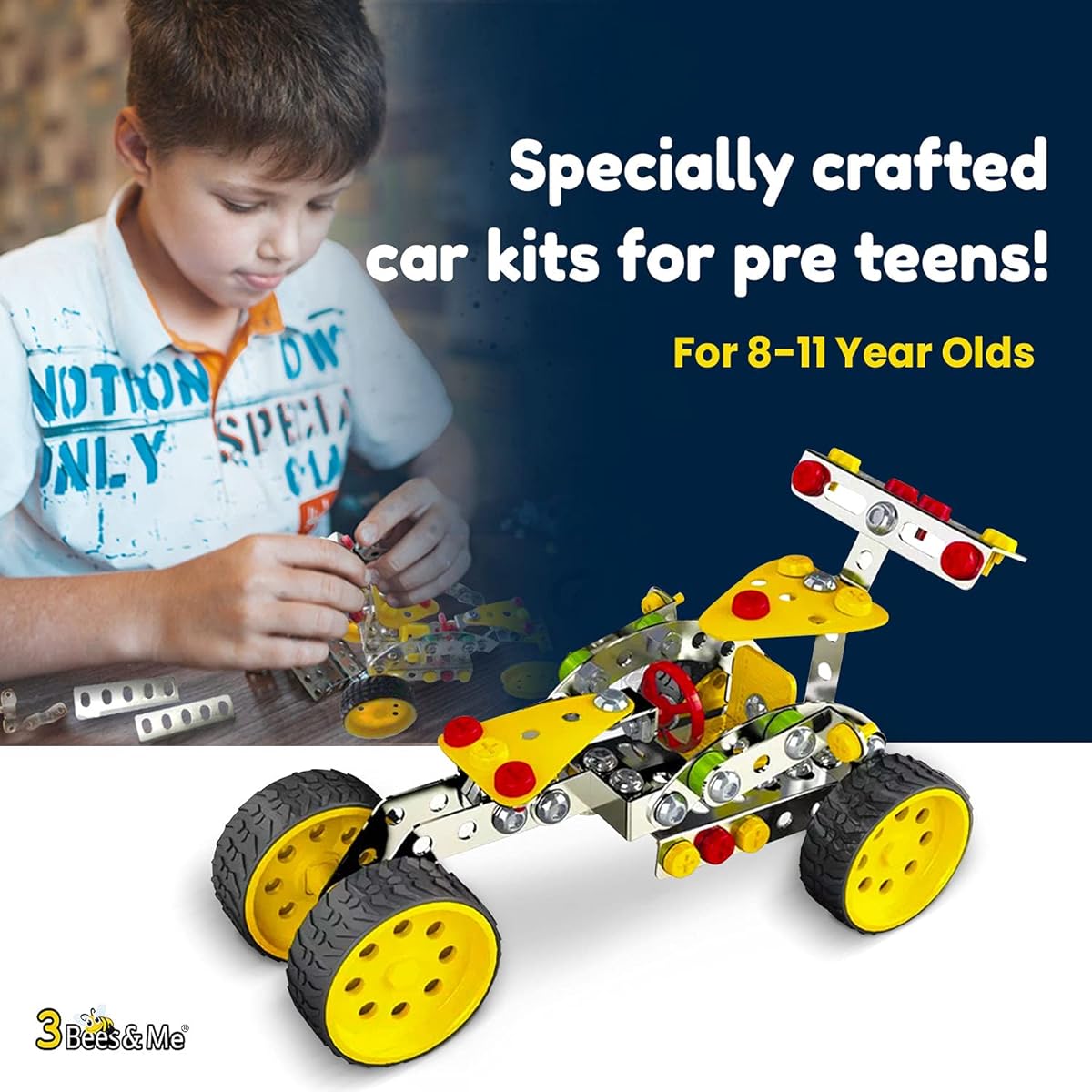 3 Bees & Me STEM Car Building Erector Toy Kit | Educational Metal Projects for Ages 8-11 (6-7 with Help) Beginner Gift Set for STEM Learning and Junior Engineers