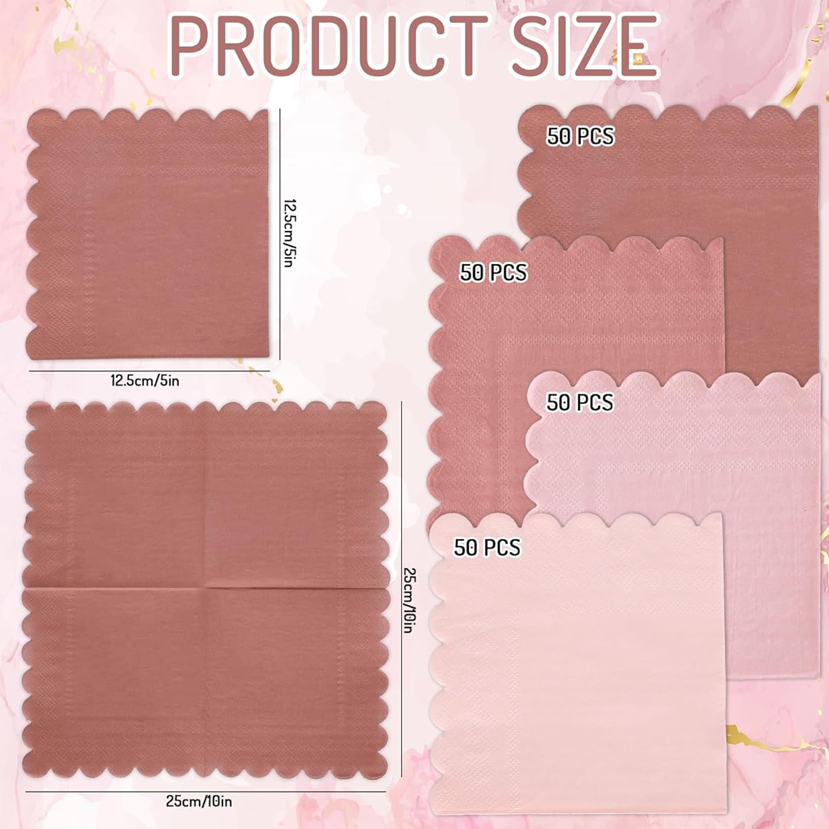 Whaline Dusty Pink Cocktail Napkins, Dusty Pink Gradient Color Paper Napkins with Scalloped Edges Heavyweight Disposable Luncheon Napkins Table Decorations Party Supplies, 5 x 5 Inch, Pack of 200