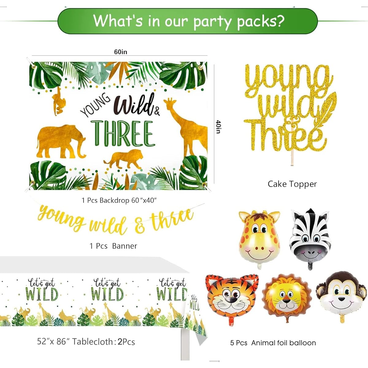 FVABO Young Wild 3 Decorations - Jungle Safari Theme 3rd Birthday Decorations for Boys Girls, Includes Backdrop, Balloon Arch, Banner, Tablecloth, Cake Topper, Young Wild 3 Party Supplies