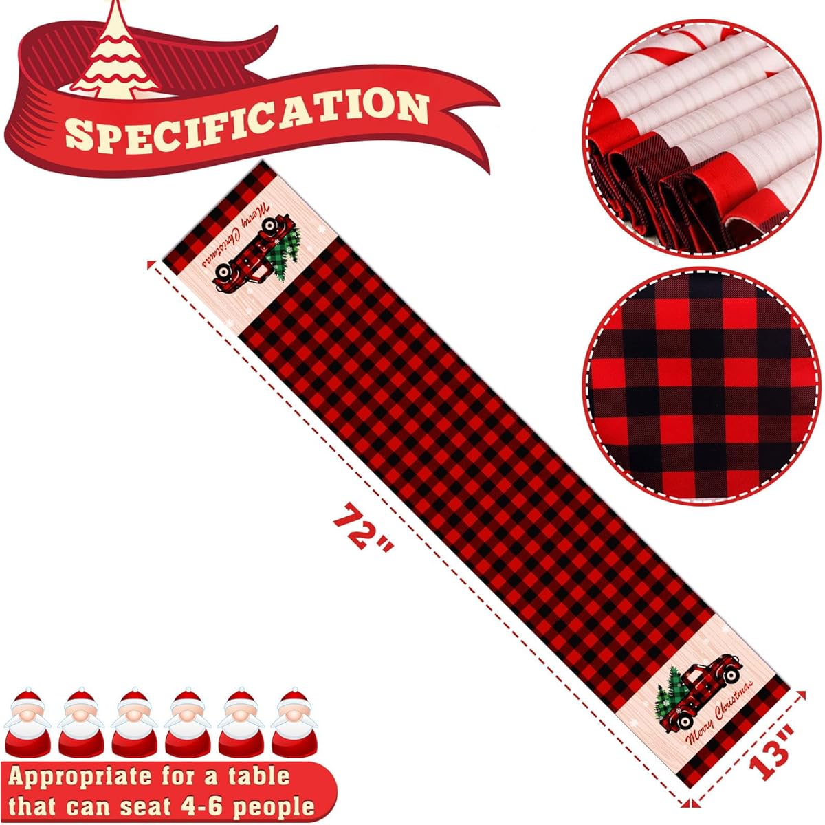 AerWo Christmas Table Runner Red and Black Buffalo Plaid Table Runner with Red Truck and Swedish Gnome, Reversible Buffalo Check Table Runner for Christmas Holiday Table Decorations, 13 x 72 Inch