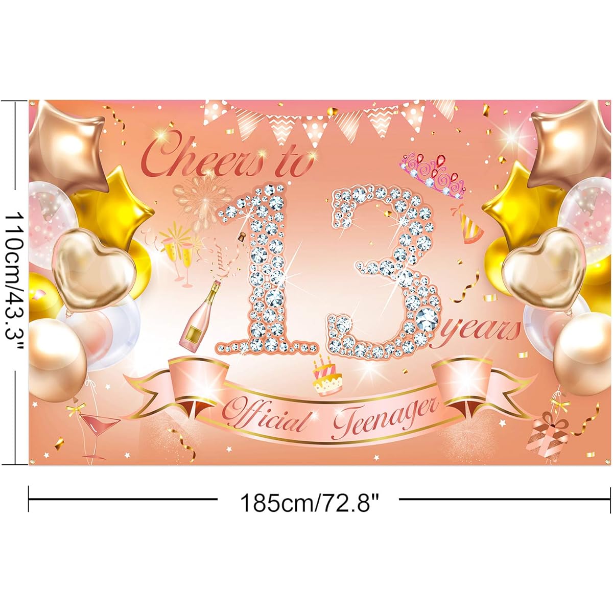 HOWAF Official Teenager Girl 13th Birthday Party Decorations, Rose Gold Fabric Banner, 13th Birthday Photo Backdrop for 13th Birthday, Outdoor Garden Table and Wall Decor