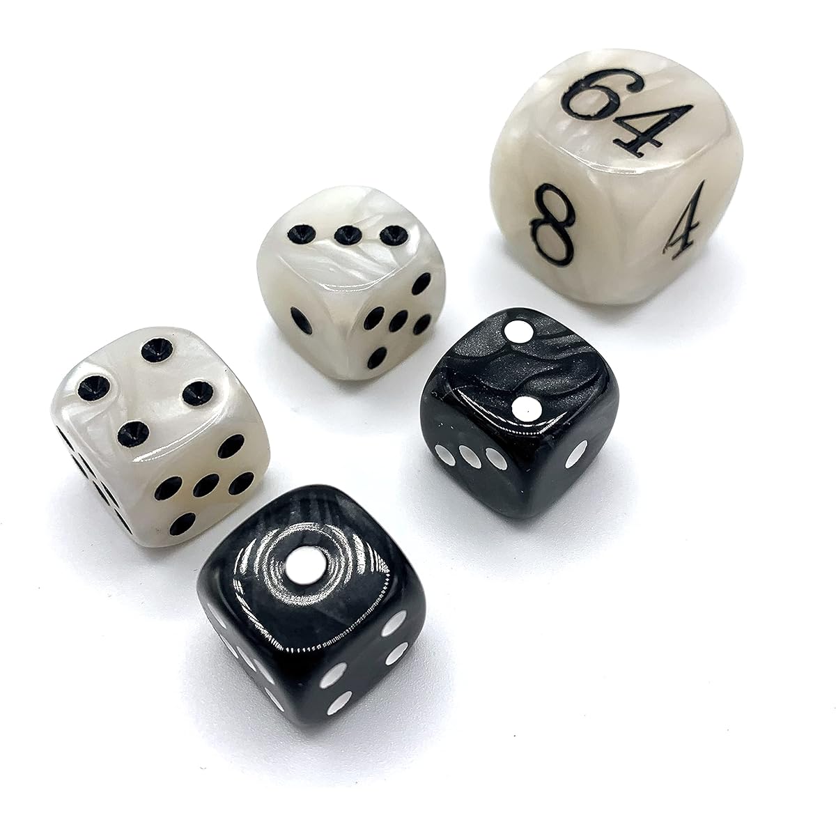 Luck Lab Backgammon Pearl Dice Set - 22mm Doubling Cube and Four 16mm Dice with Storage Bag, Black/White Marbled
