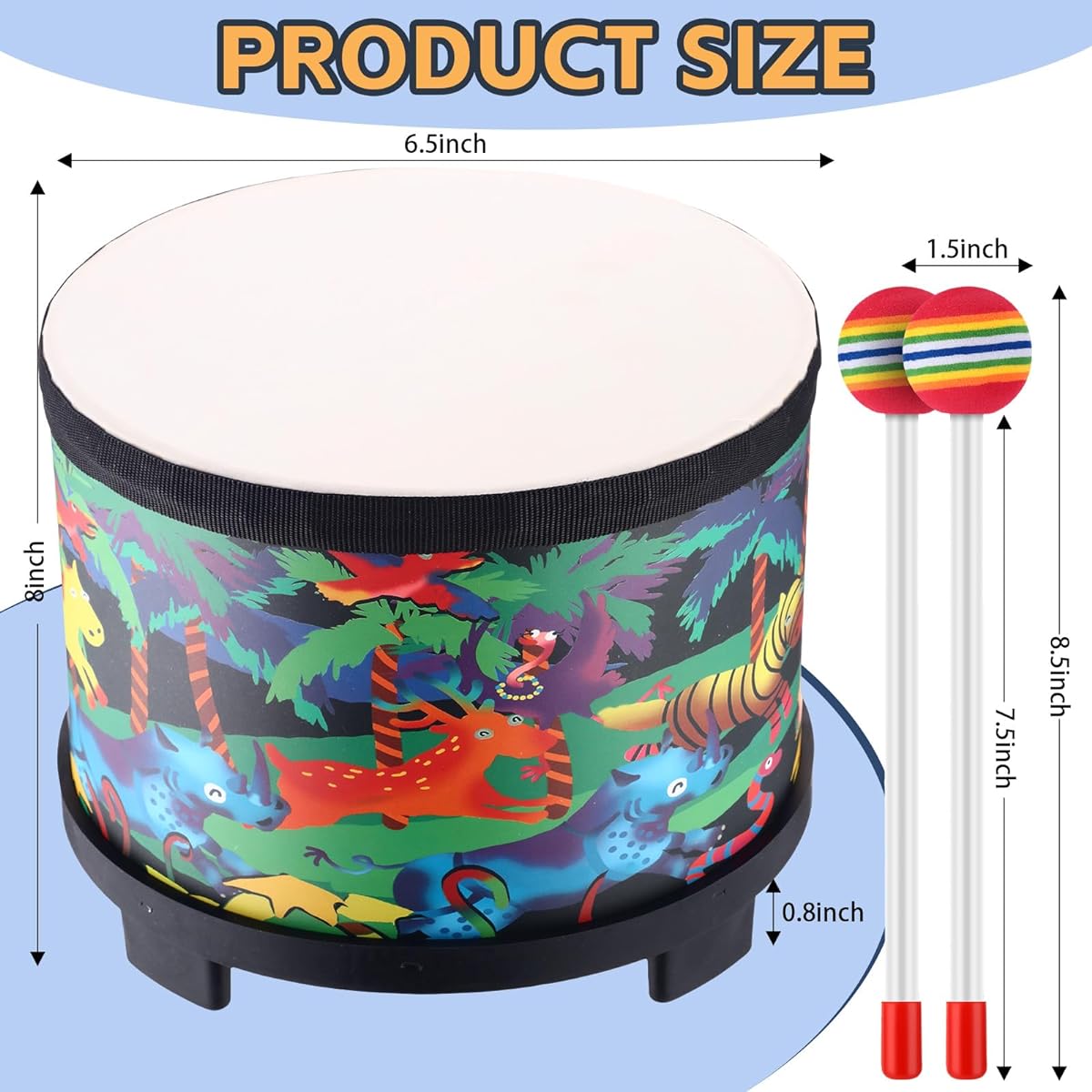 Gemscream 2 Piece Floor Tom Drum for Kids 8 Inch Percussion Music Drum with 4 Mallets Toddler Drum Set Musical Toy Sensory Percussion Instrument for Kids Boys Girls Birthday Gift