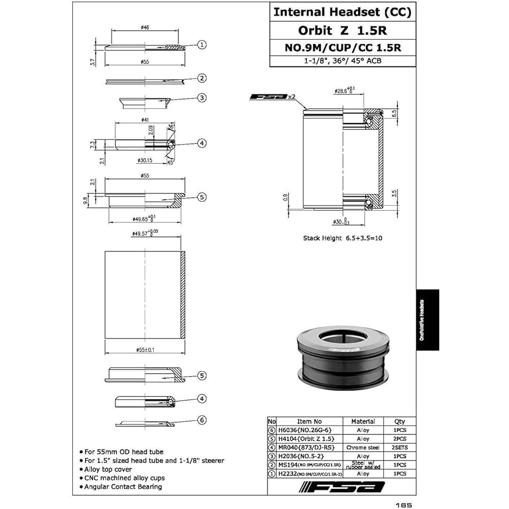 FSA Orbit Z 1.5R 1-1/8Inches to 1.5Inches Reducer Headset Straight Sealed Bearing, NO.9M CUP CC 1.5R,XTE1658