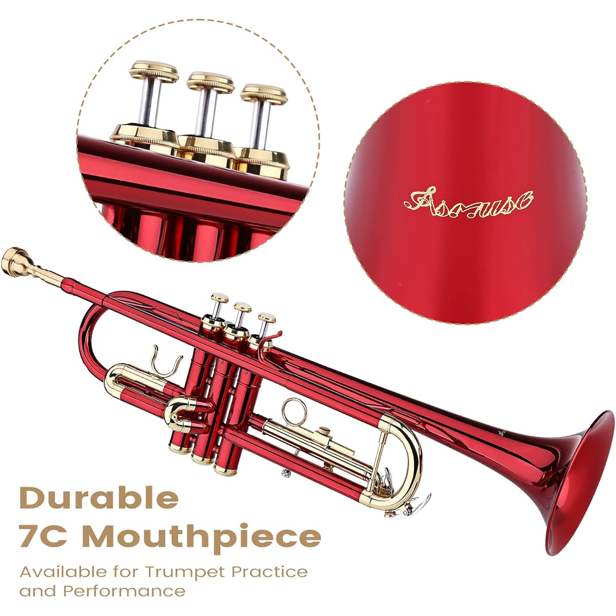 Asmuse BB Standard Trumpet Set for Beginners Brass Student Trumpet Instrument with Hard Case (Red)