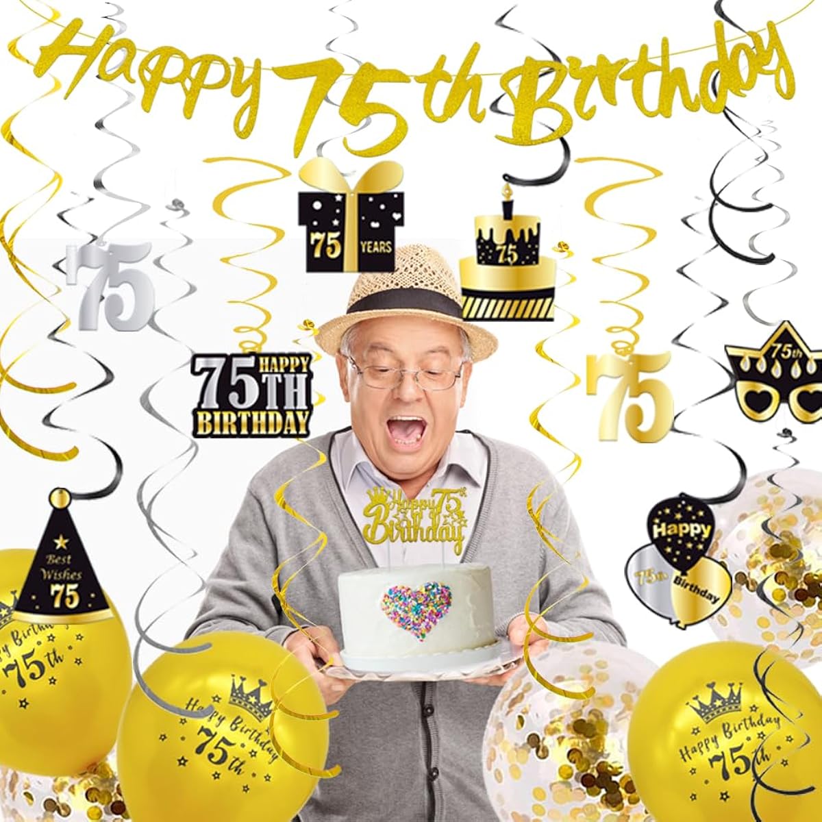 WOJOGO 75th Birthday Decorations for Men Gold Black, 75th Birthday Decorations for Men Women Happy 75th Birthday Banner Hanging Swirl Birthday Cake Topper Balloon Decoration Kit Party Supplies