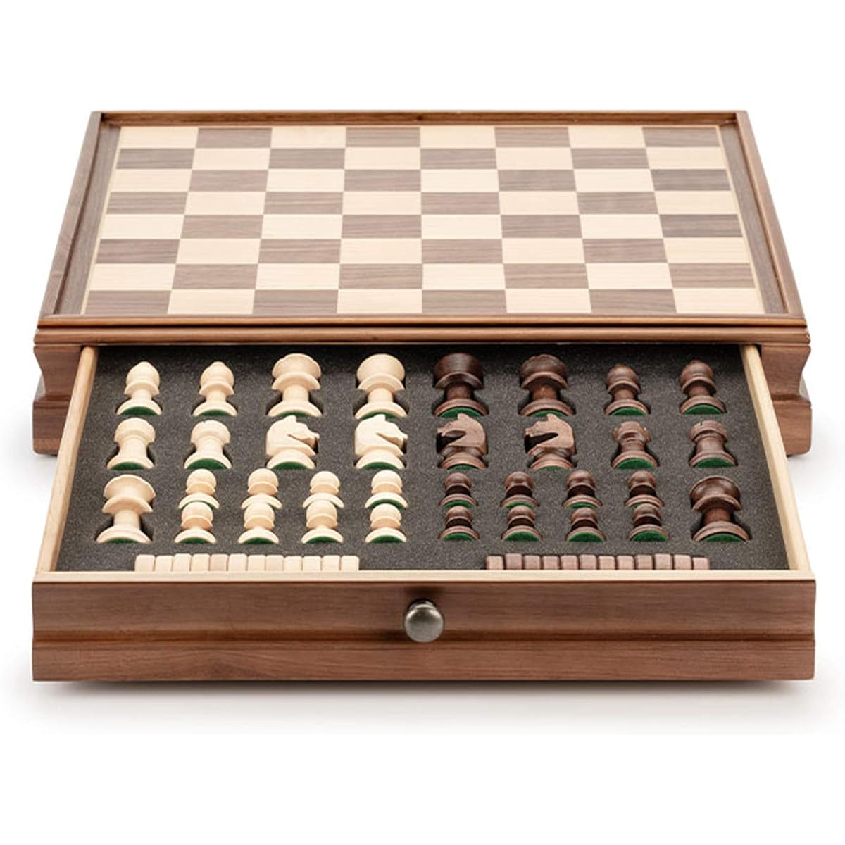 Premium Wooden Chess Set Portable Game Board with Storage Drawer Felt Interior with Game Piece Slots for Kids Beginners and Adults, 38x38x7.6cm