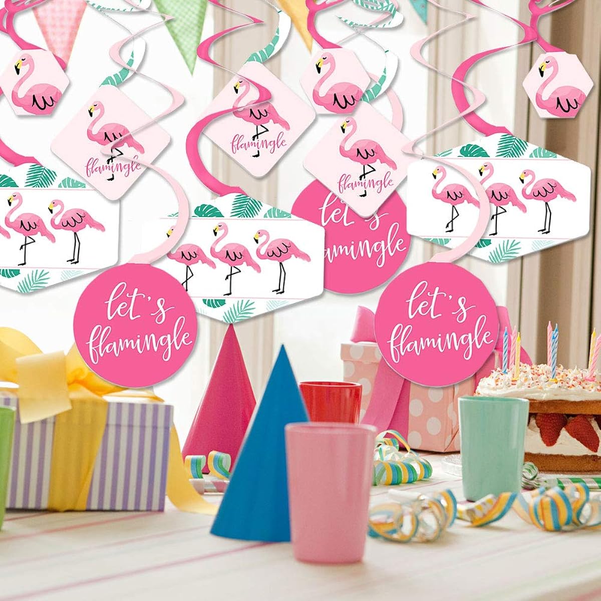 Pink Flamingos - Tropical Summer Party Hanging Decorations - Party Decorations Swirls - Set of 40