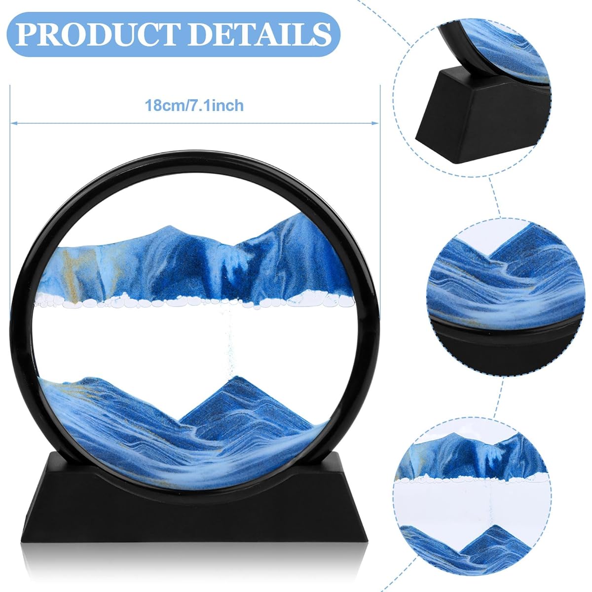 TBoxBo Flowing Sand Painting, Moving Sand Circle Painting, Dynamic 3D Natural Landscape, Glass Sand Frame, Home Ornaments, Desktop Art, Bookshelf Decor, 7 Inch (Blue)