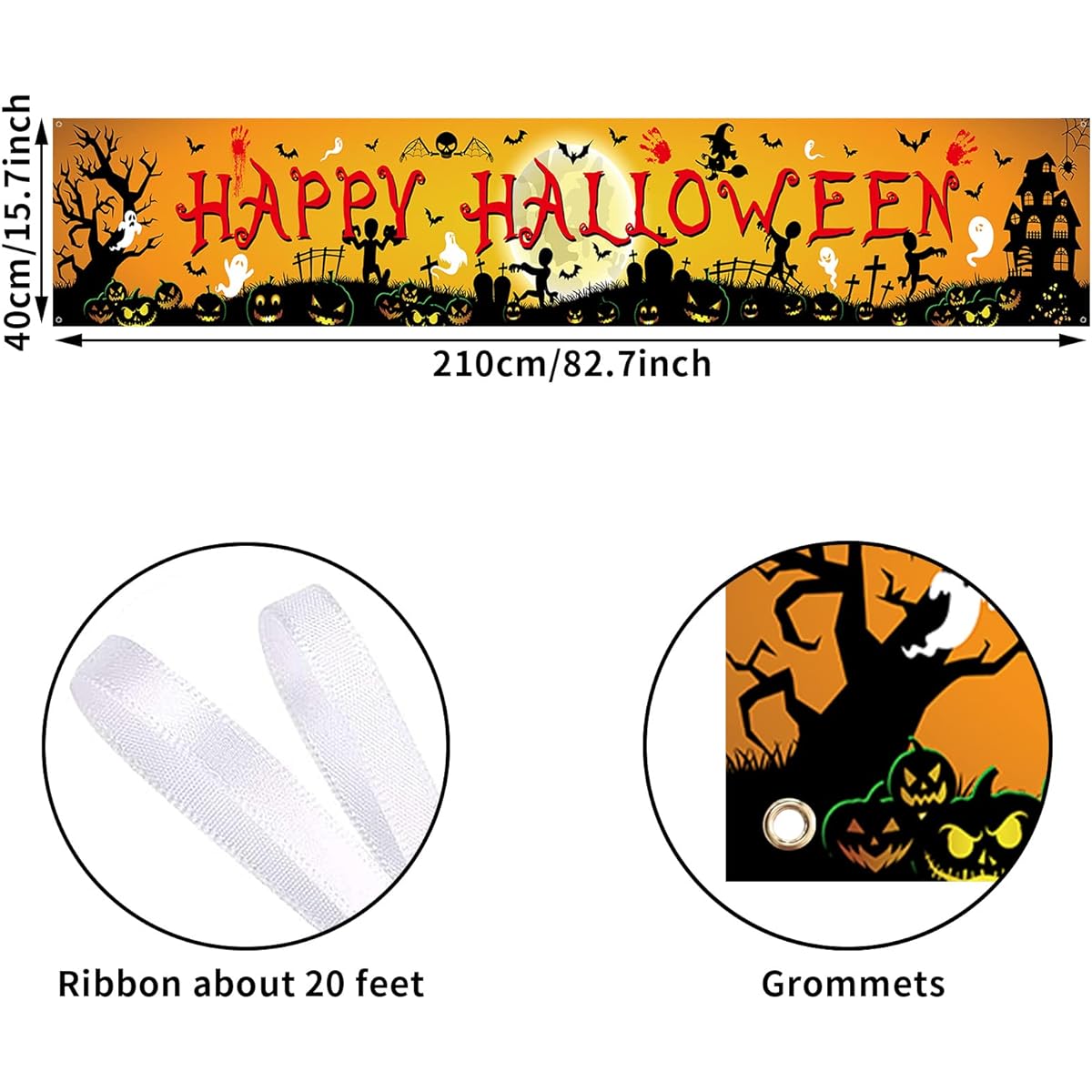 Happy Halloween Backdrop Banner Orange Black Halloween Party Decorations Halloween Yard Sign Banner Halloween Party Decor Sign Backdrop Wall Yard Decor Indoor Outdoor Party Supplies