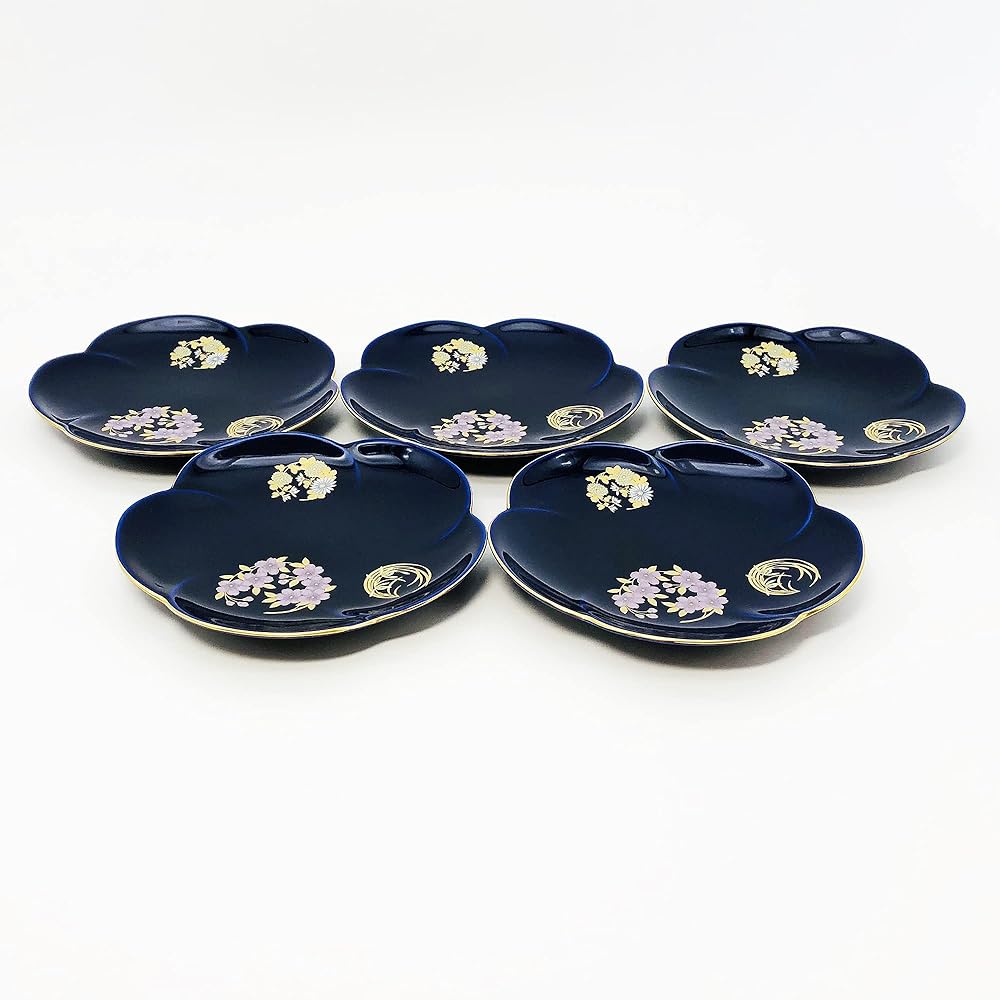 Koransha Mein Plate Ruri Hanamaru Crest Lazuli 12.7cm R3003-FS4 Set of 5