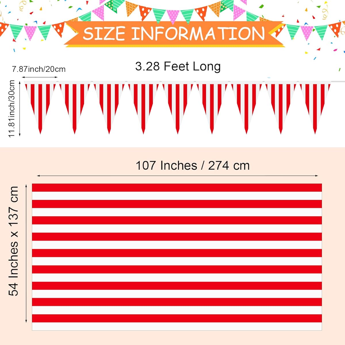 Carnival Theme Party Decorations Circus Decorations Carnival Table Skirt Carnival Tablecloth Red White Stripes Pennant Banner Circus Carnival Bunting Banner for Carnival Circus Decorations (20)