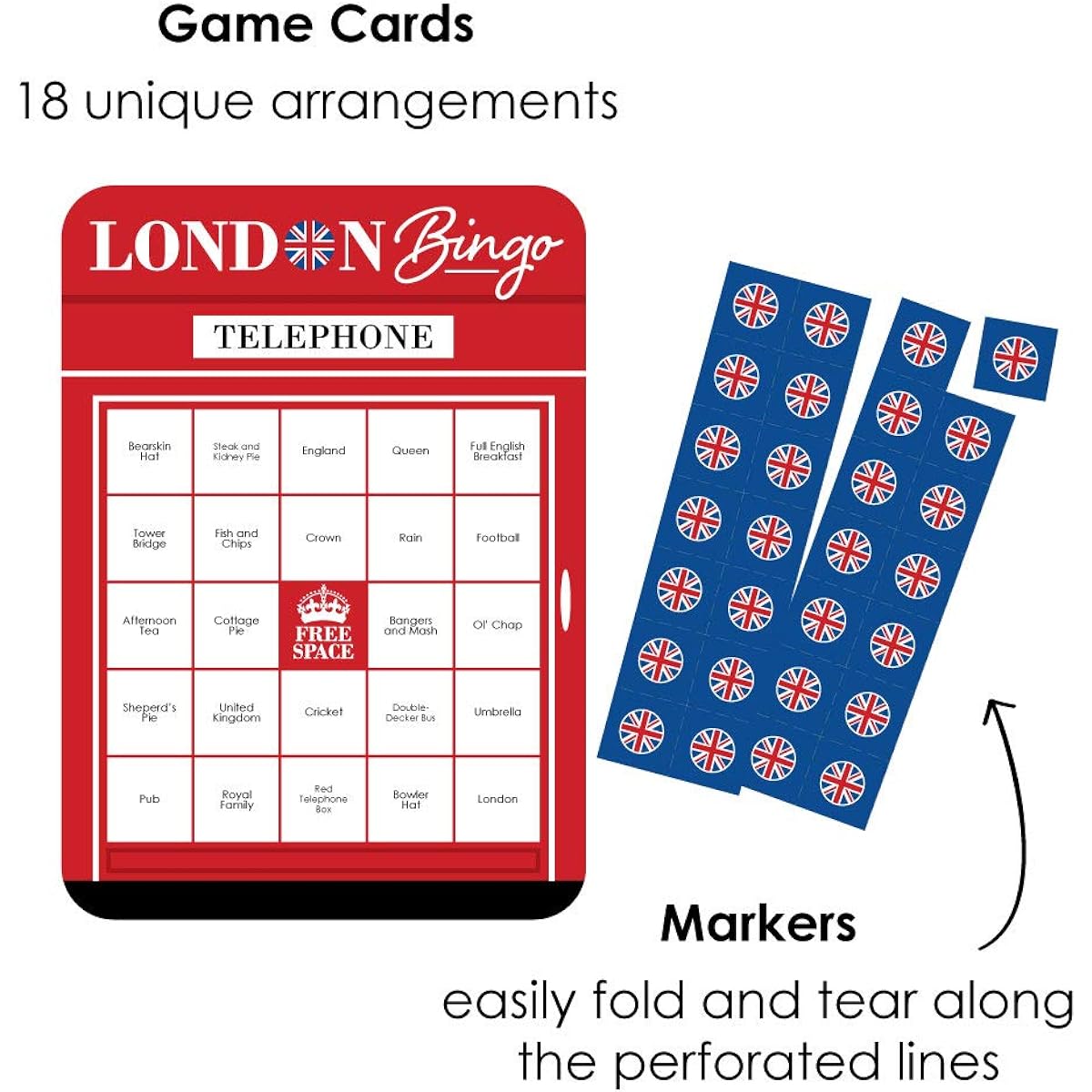 Big Dot of Happiness Cheerio London Bingo Cards and Markers UK Party Bingo Game Set of 18