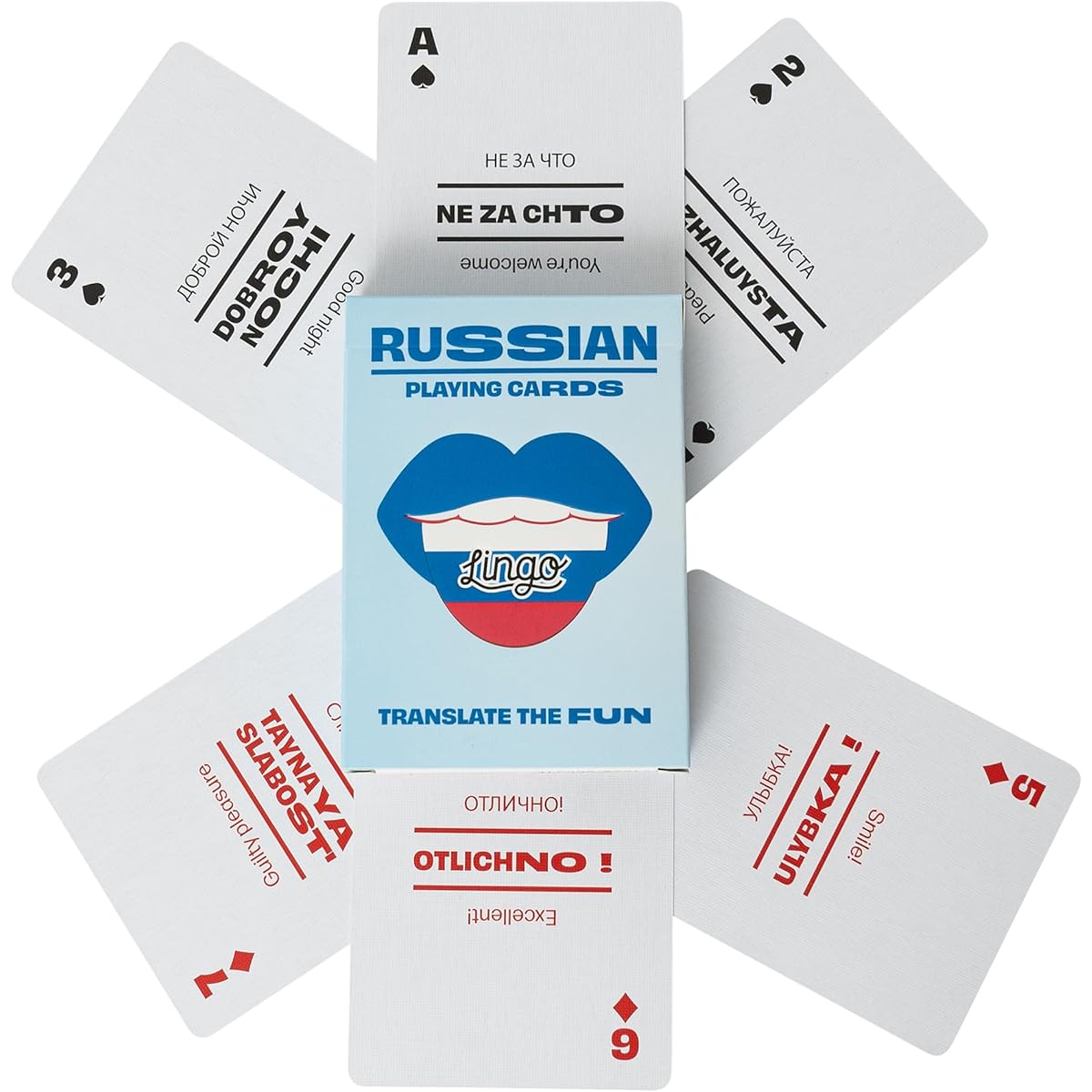 LINGO Playing Cards | Language Learning Game Set | Fun Visual Flash Card Deck to Improve Vocabulary and Pronunciation Skills - 54 Useful Phrases (Russian)
