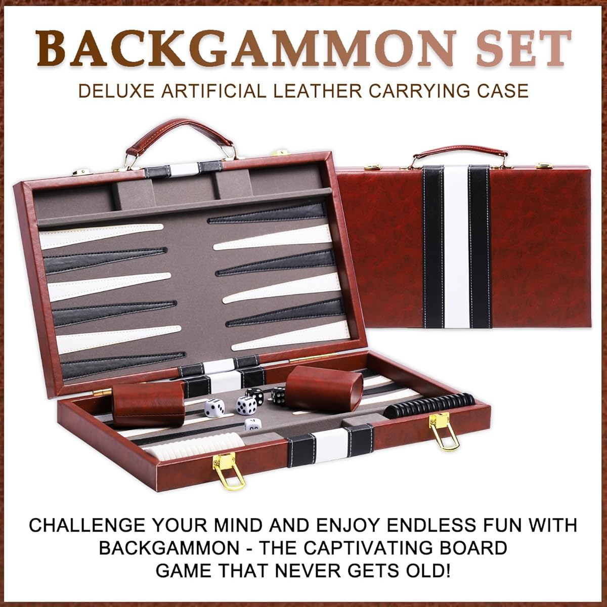 HONGSHUYEE Backgammon Set for Adults 15 Inch Backgammon Brown Set Classic Board Game with Premium Leather Case Portable Travel Strategy Backgammon Game Set for Adults Kids (Brown)