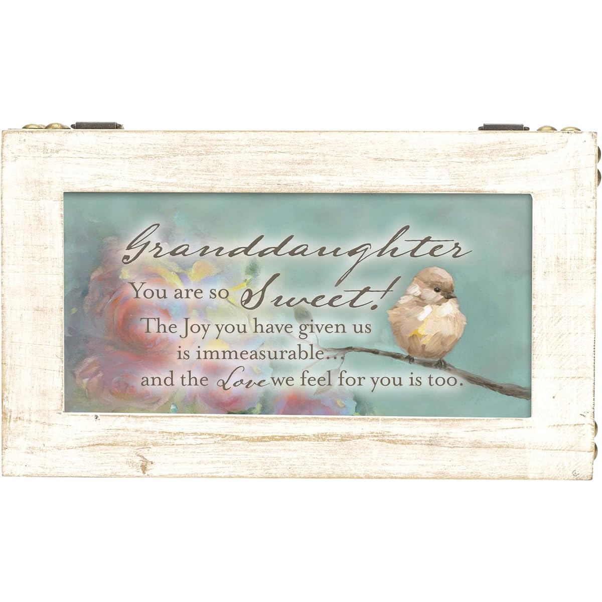 Cottage Garden Grand Daughter So Sweet Inspirational Antique Whitewashed Metal and Wood Music Box Plays Ave Maria