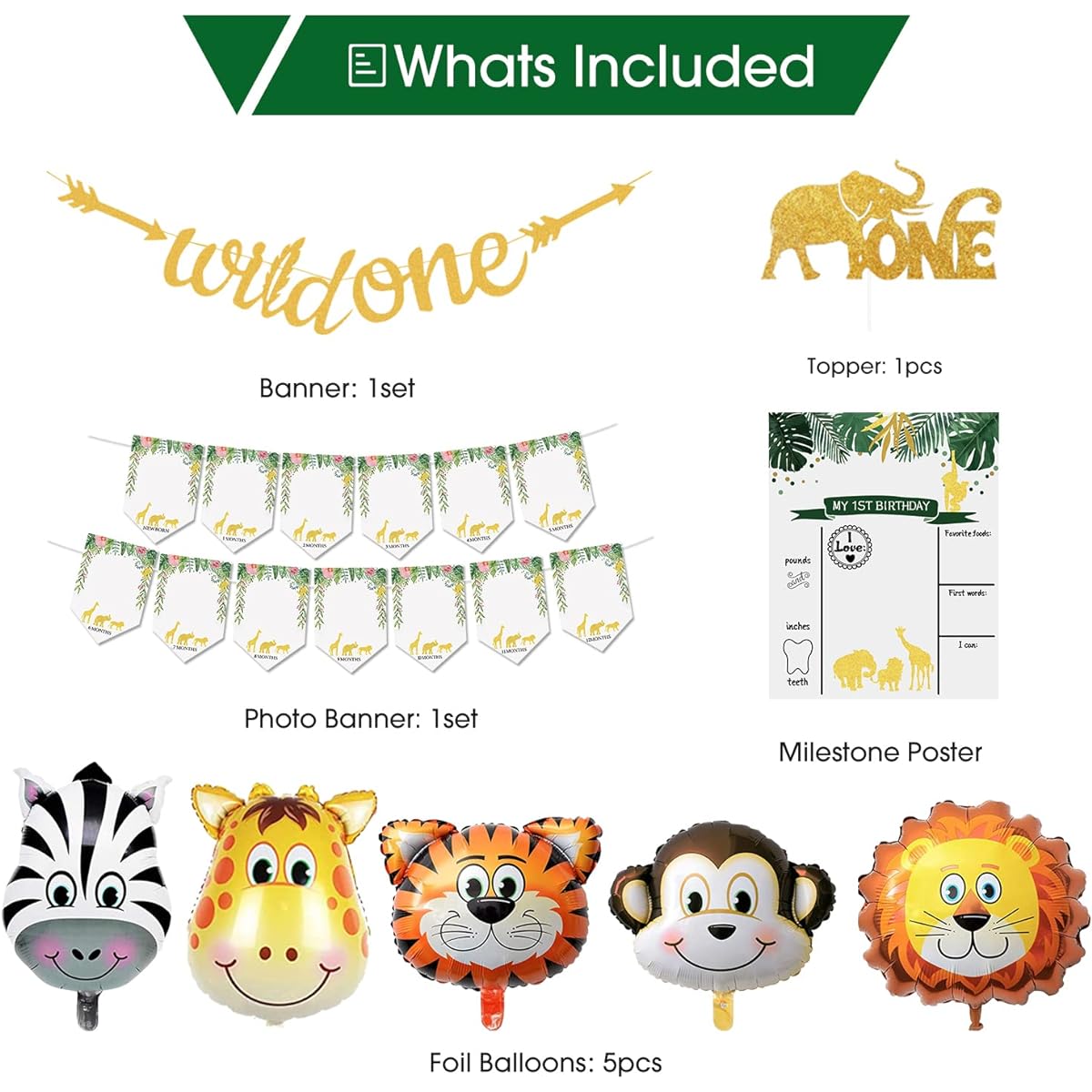 HIPEEWO Wild One Birthday Decorations - Safari Birthday Decorations Balloon Garland Arch, Highchair Banner, Backdrop, Banner, Topper, Crown, Leaves, Sign, Jungle Theme Party Supplies