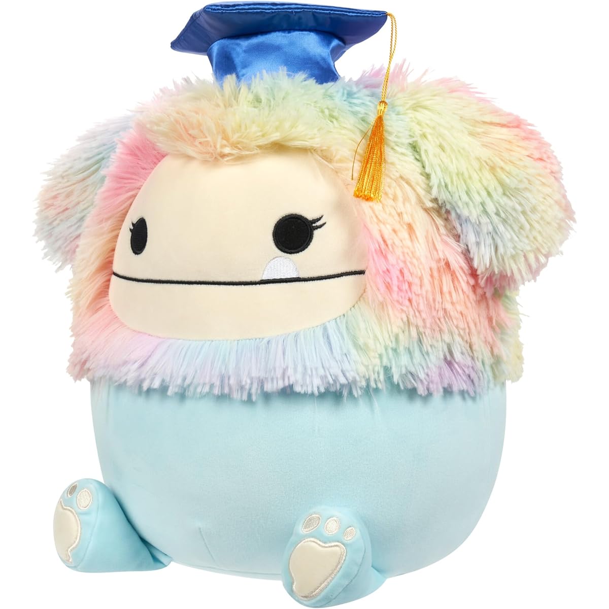 Squishmallows Original 12" Zozo Blue Bigfoot with Rainbow Mane and Graduation Cap Official Jazzwear Plush Toy